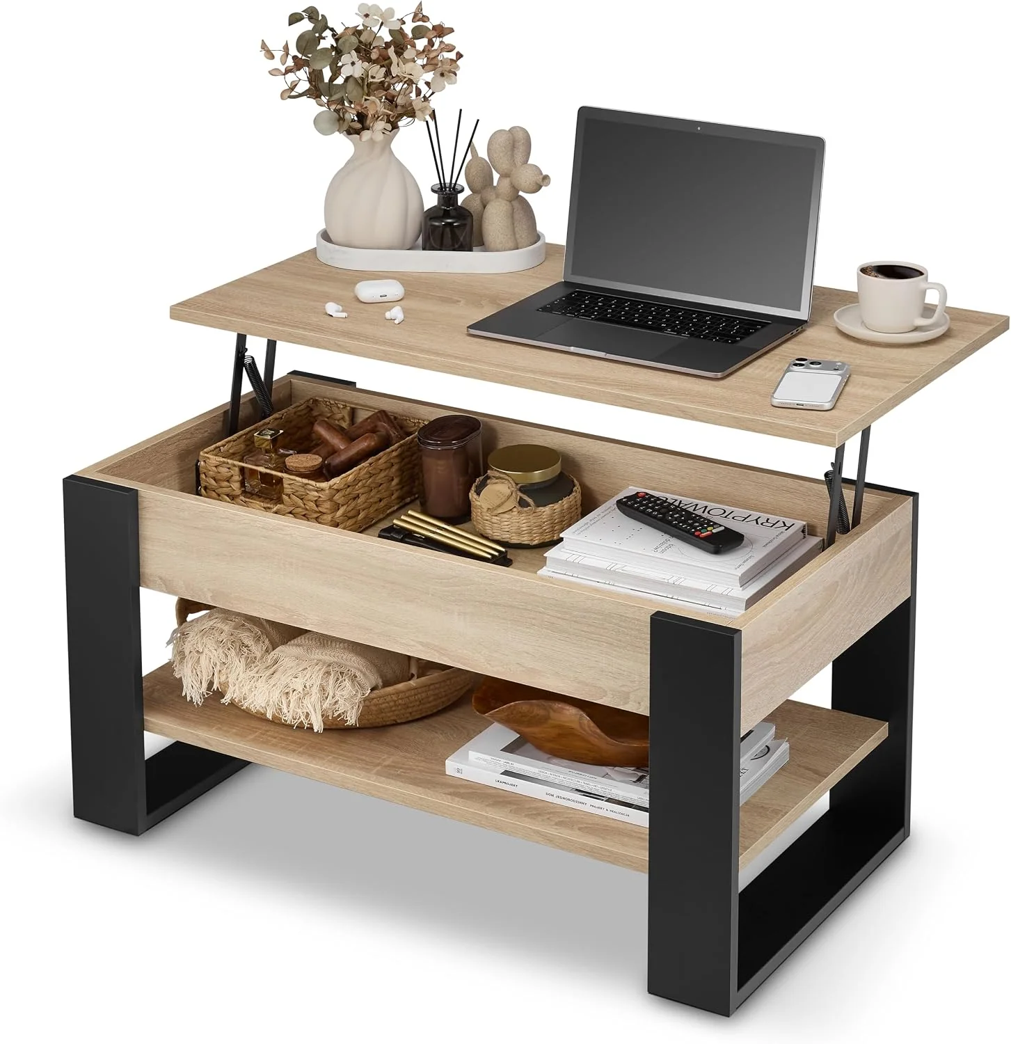 defiPad Couchtisch höhenverstellbar mit Stauraum, 92x51cm, Sonoma/Schwarz