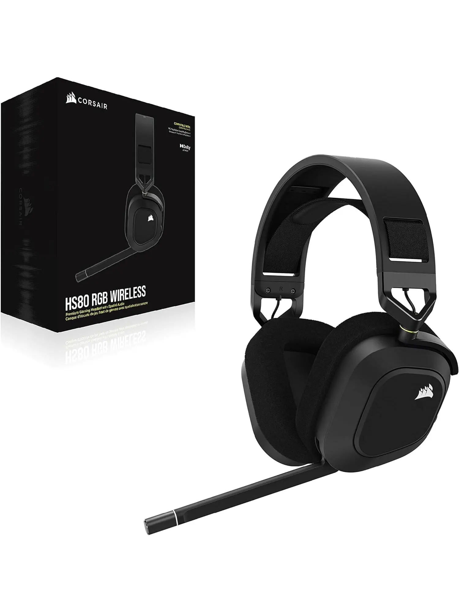CORSAIR HS80 RGB WIRELESS Multiplatform Gaming Headset   Dolby Atmos   Lightweight Comfort Design   Broadcast Quality Microphone   iCUE Compatible   PC, Mac, PS5, PS4   Black