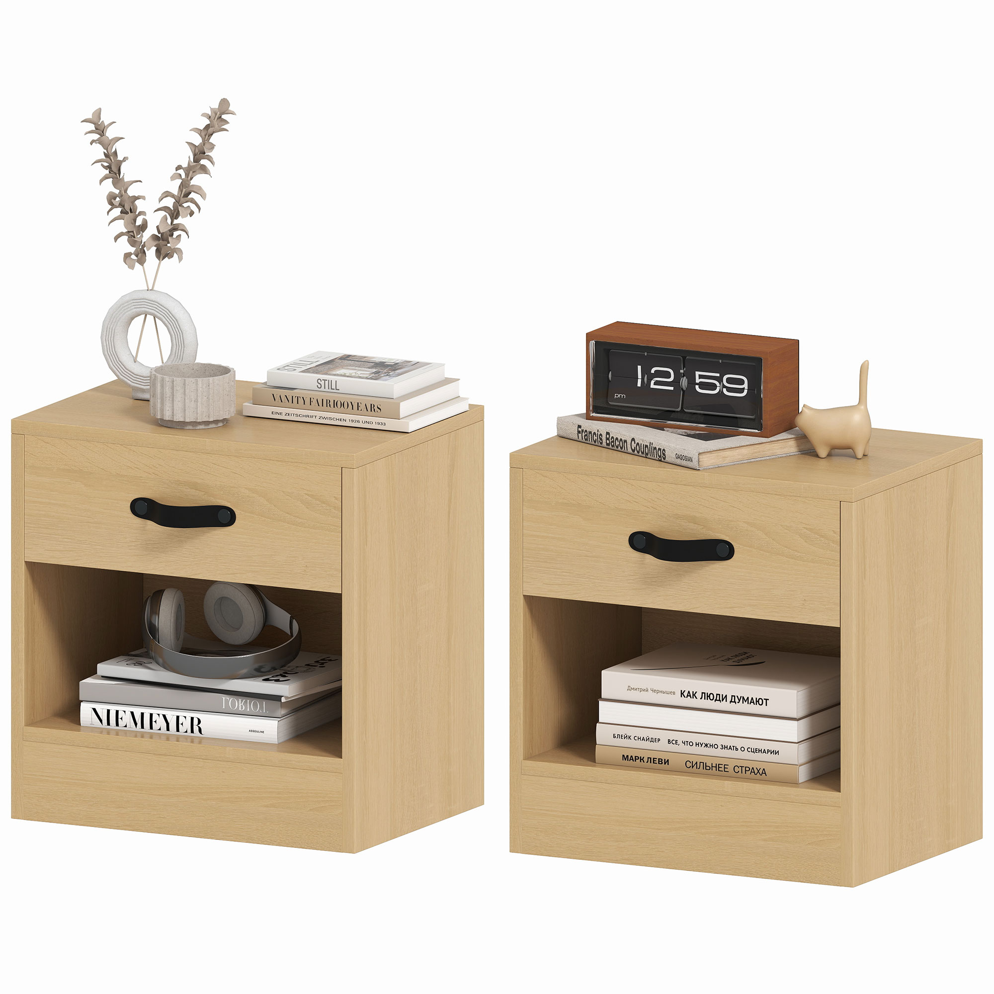 HOMCOM Pack von 2 Nachttischen mit Schublade und Offenem Fach für Wohnzimmer 39x28x41 cm Natur