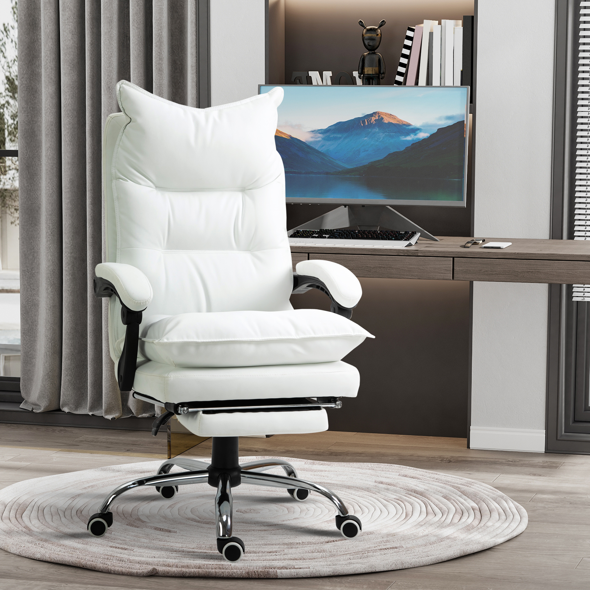 Vinsetto Bürostuhl mit Liegefunktion, ergonomisch höhenverstellbar  mit Fußstütze, gepolstert, bis 135 kg belastbar, 66 x 72 x 122-130 cm, Weiß