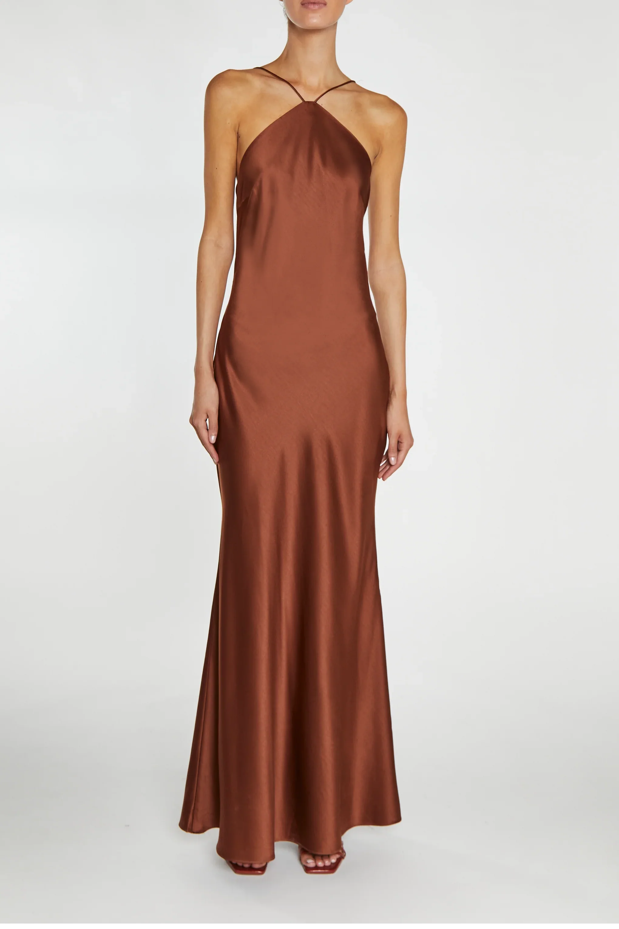 Hailey Chocolate-Brown Halterneck Cross-Back Maxi Dress