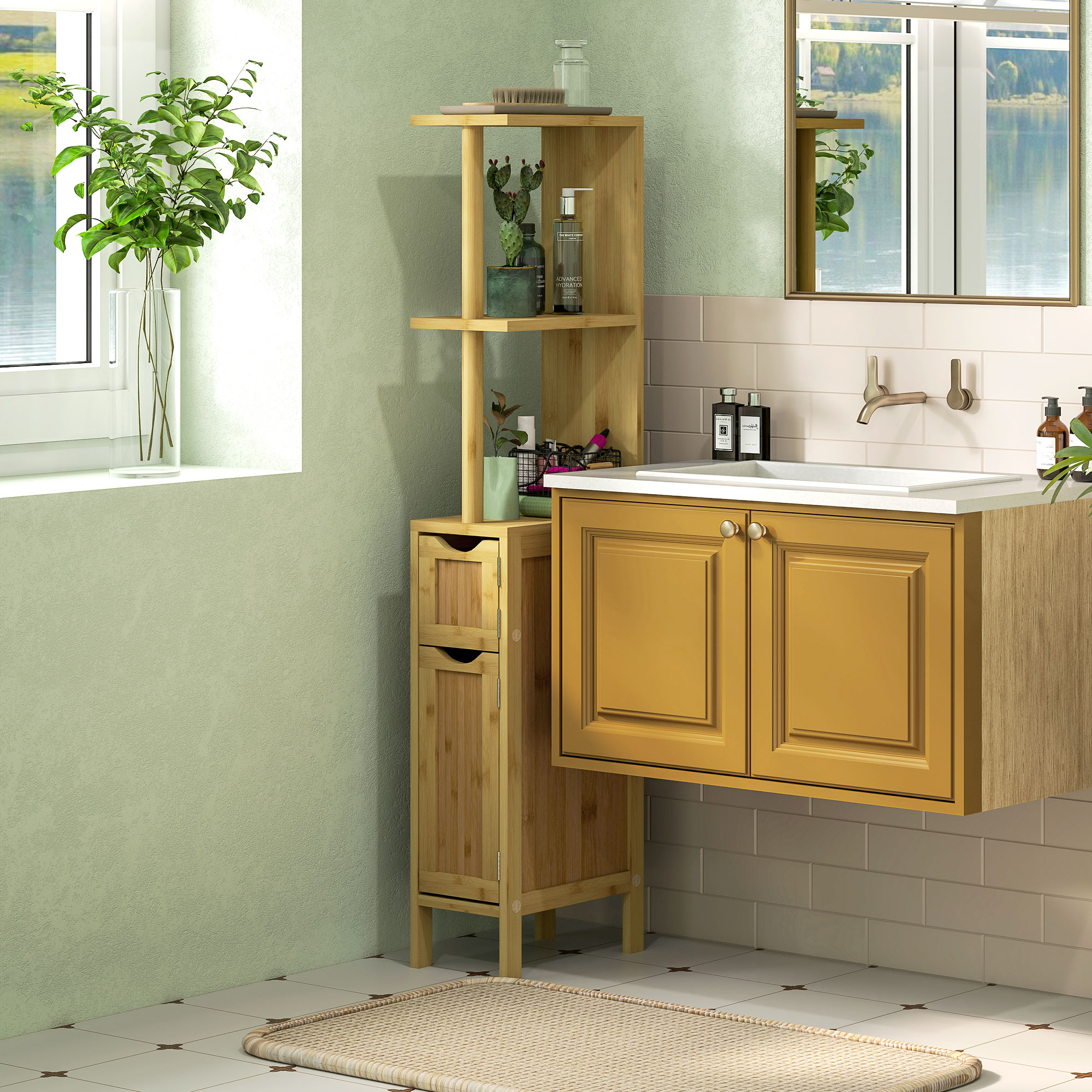 HOMCOM Badezimmerschrank Badezimmerschrank mit 2 offenen Regalen 2 Schränken aus Bambus 18B x 30T x 120H cm Naturholz