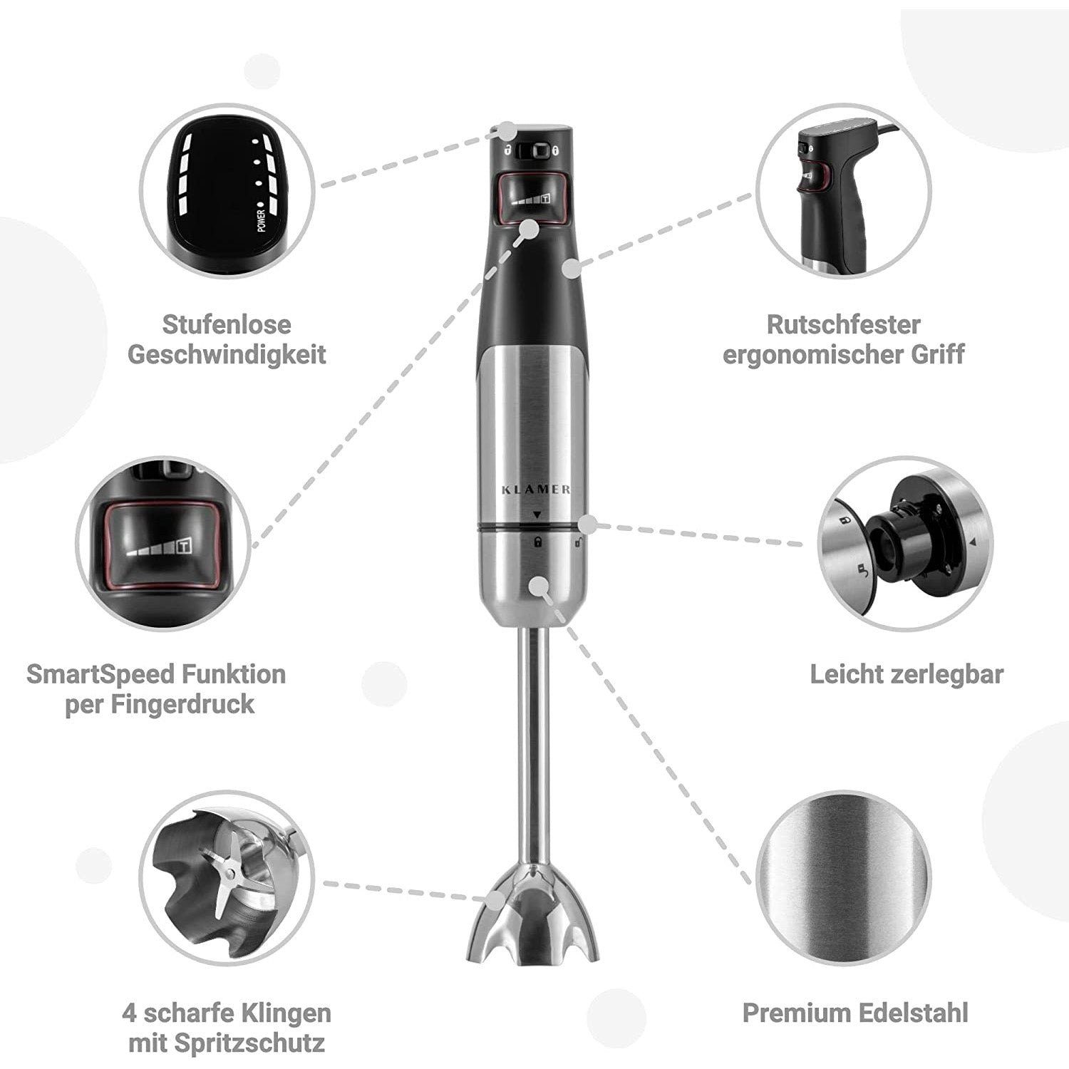 Stabmixer Set 1000 Watt, 4 in 1 Pürierstab Edelstahl mit SmartSpeed per Fingerd…
