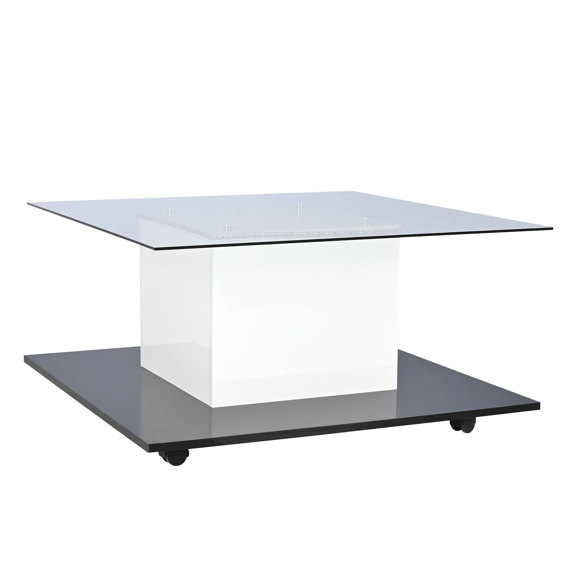 Moderner Couchtisch aus Hochglanzglas mit verstellbarem LED-Lichtstreifen und Lenkrollen, 80×80×40 cm, Weiß+Schwarz
