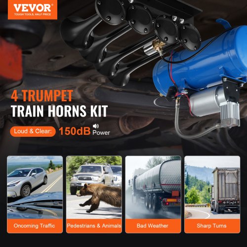VEVOR 190 W Zughupen-Set, 4 Trompeten-Lufthupen-Set, 150 dB Zughupen für Pickup-Trucks, 12 V 90-120 psi Luftkompressor, 6 L Tank mit Manometer für jedes 12 V Fahrzeug, Auto, LKW, Zug, Van, Boot usw.
