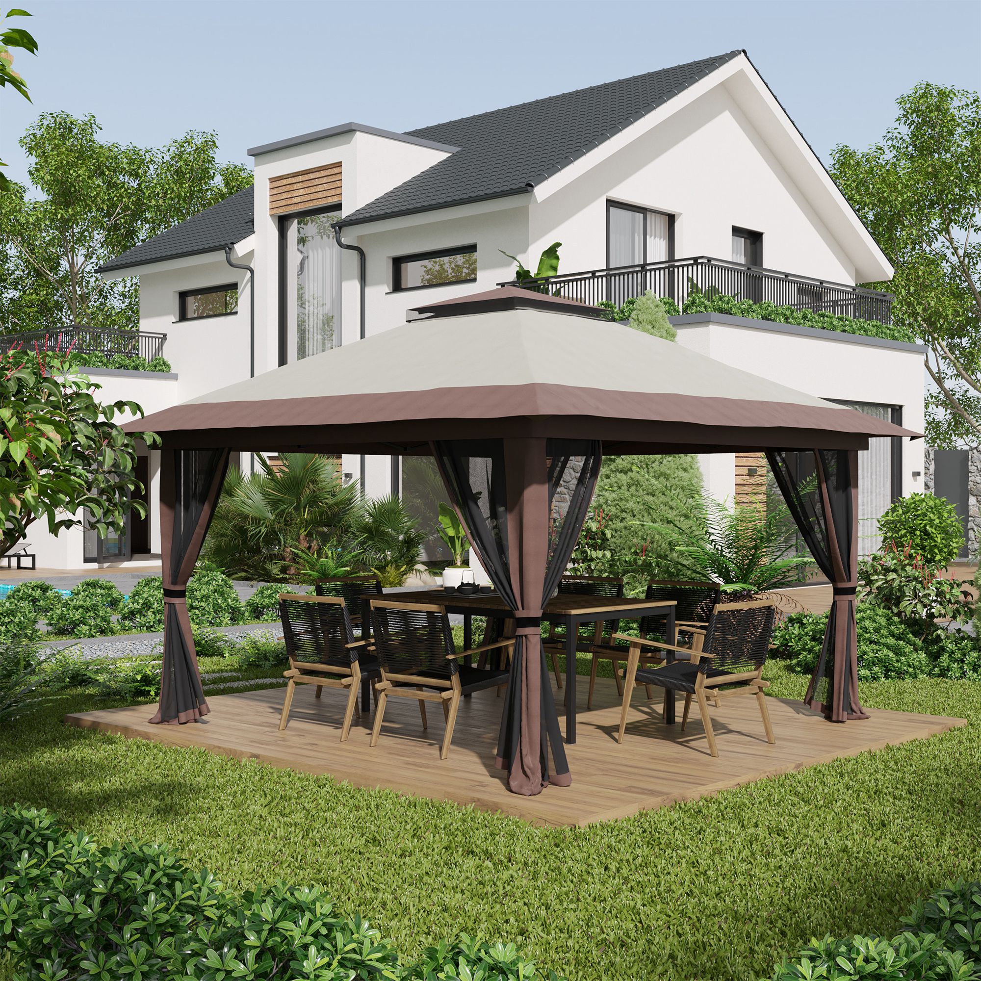 Outsunny Faltpavillon, höhenverstellbar, 4 Netzwände, Lüftungsdach, Tragetasche, Schnellaufbau, 4 x 4 x 3 m, Beige