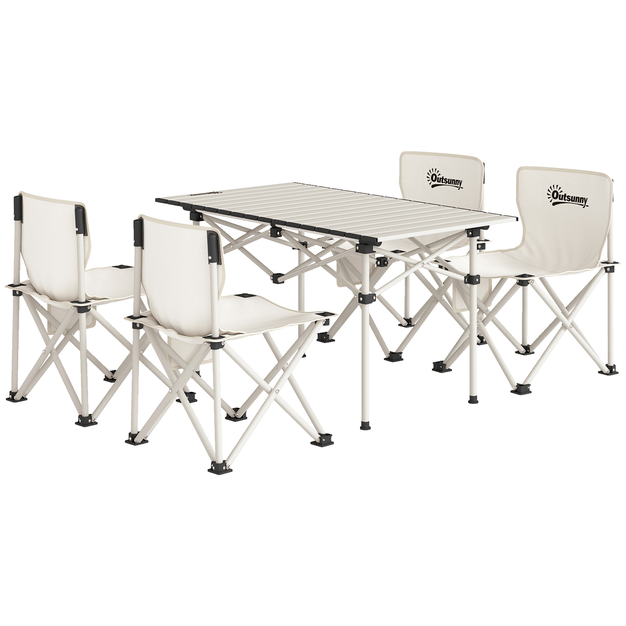 Outsunny 5-teiliges Campingmöbelset Campingtisch mit 4 klappbaren Stühlen mit Seitentaschen 95 x 56,5 x 50 cm, weiß