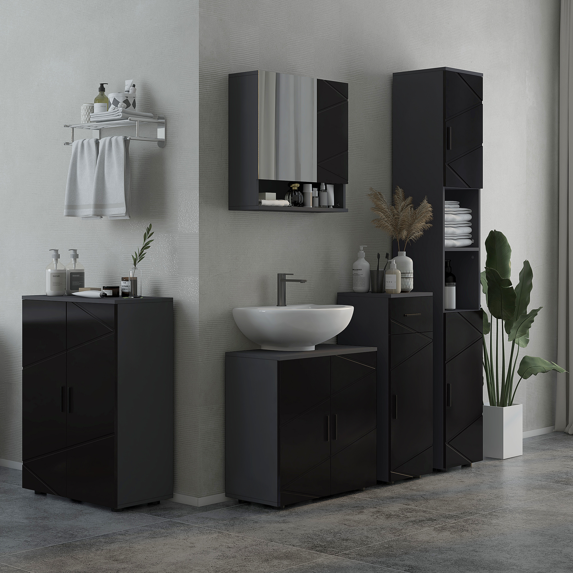 kleankin Badezimmerschrank mit 2 Türen aus Holz und 3 Regalen mit Soft-Close, 60x30x82 cm, Schwarz