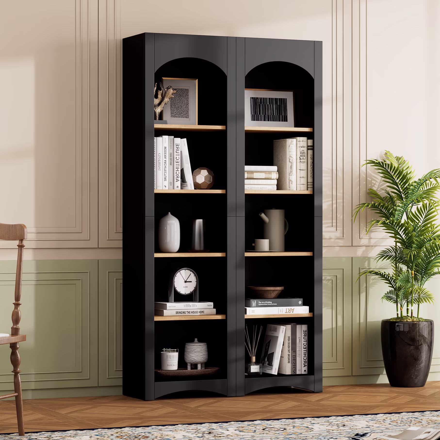 72"h Pantry Pair, 2 , Adjustable Shelves, , Black Finish 2 Bookcase , Cabinet With Vintage Style