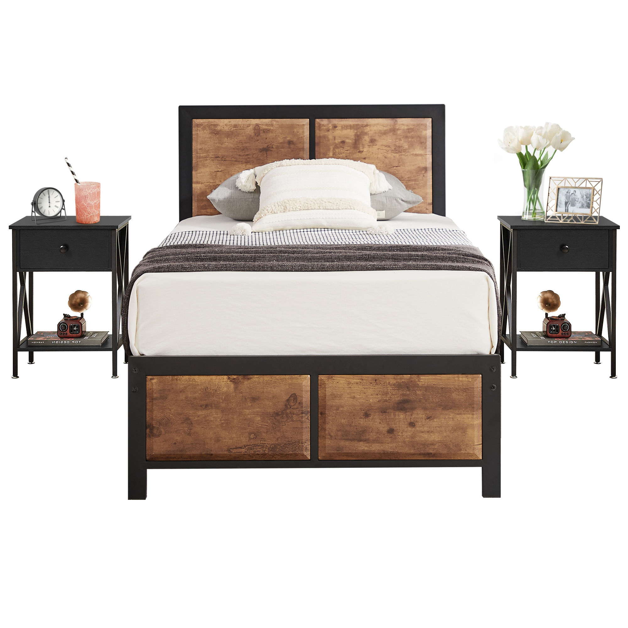 VECELO 3-Piece Bedroom Set with Twin Size Bed Frame and 1-Drawer Black Nightstands