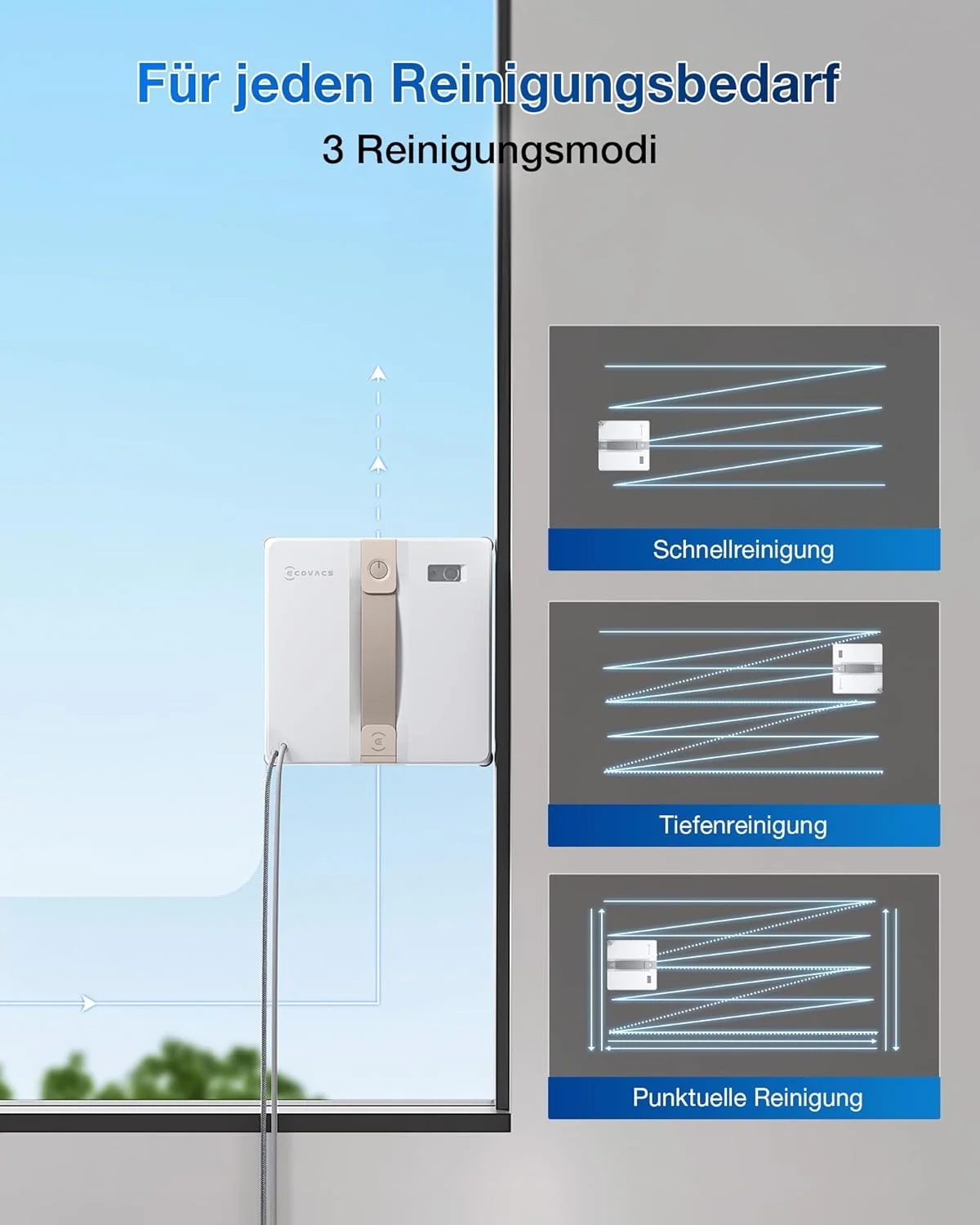 ECOVACS WINBOT MINI Fensterputzroboter, kompaktes Design, Doppel-Düsen mit Ultraschall-Zerstäubung, 9-Stufen-Schutzsystem, intelligente Pfadplanung, 4 Reinigungsmodi, Anti-Rutsch-System, Weiß