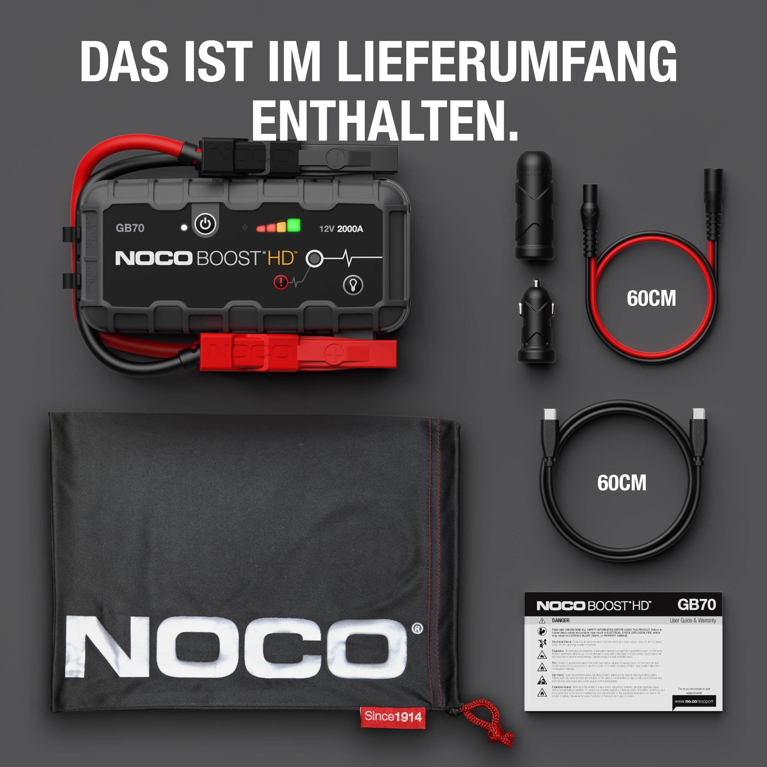 NOCO Boost GB70 2000A Starthilfe Powerbank für Benzin bis 8,0L und Diesel bis 6,0L 12V Lithium Jump Starter