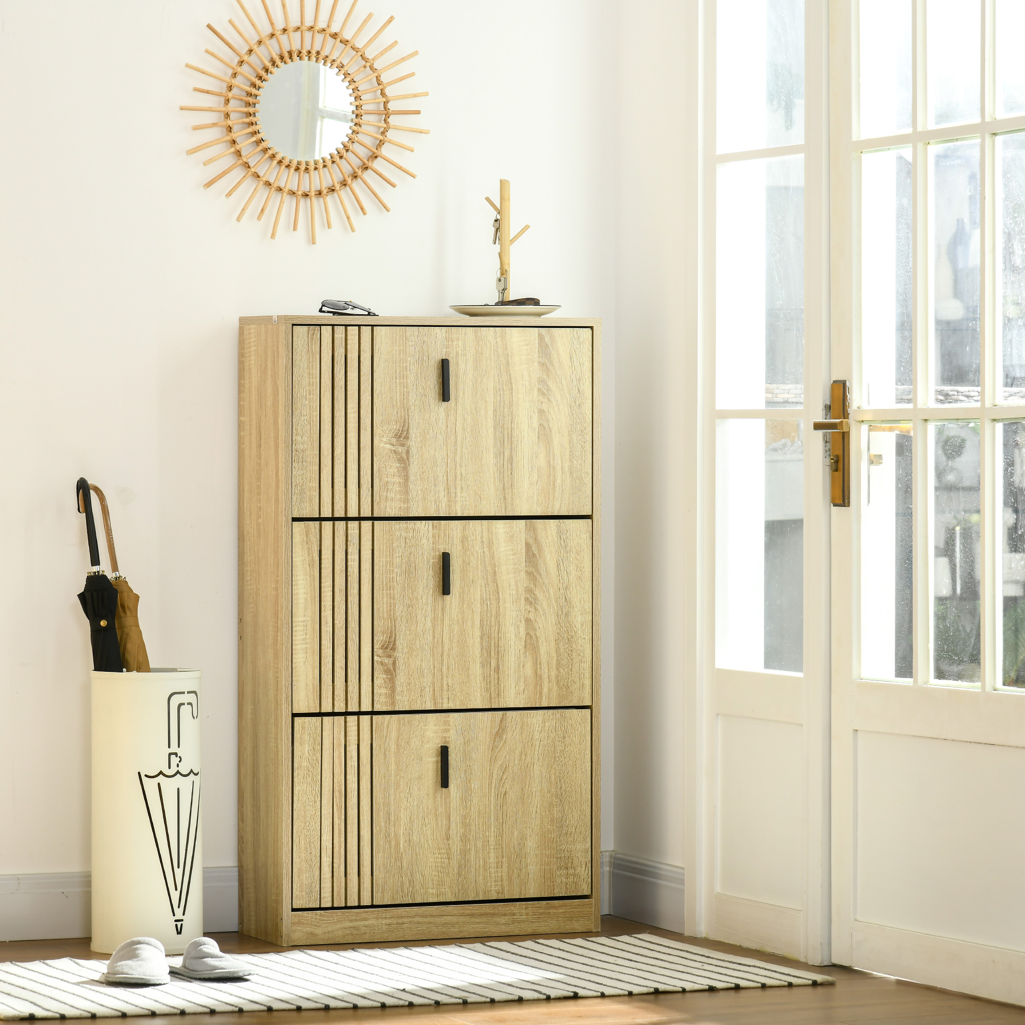 HOMCOM Schuhschrank mit 3 Klappen 18 Paar hohe Kapazität für Eingang Flur Wohnzimmer 63 x 24 x 117 cm Eiche