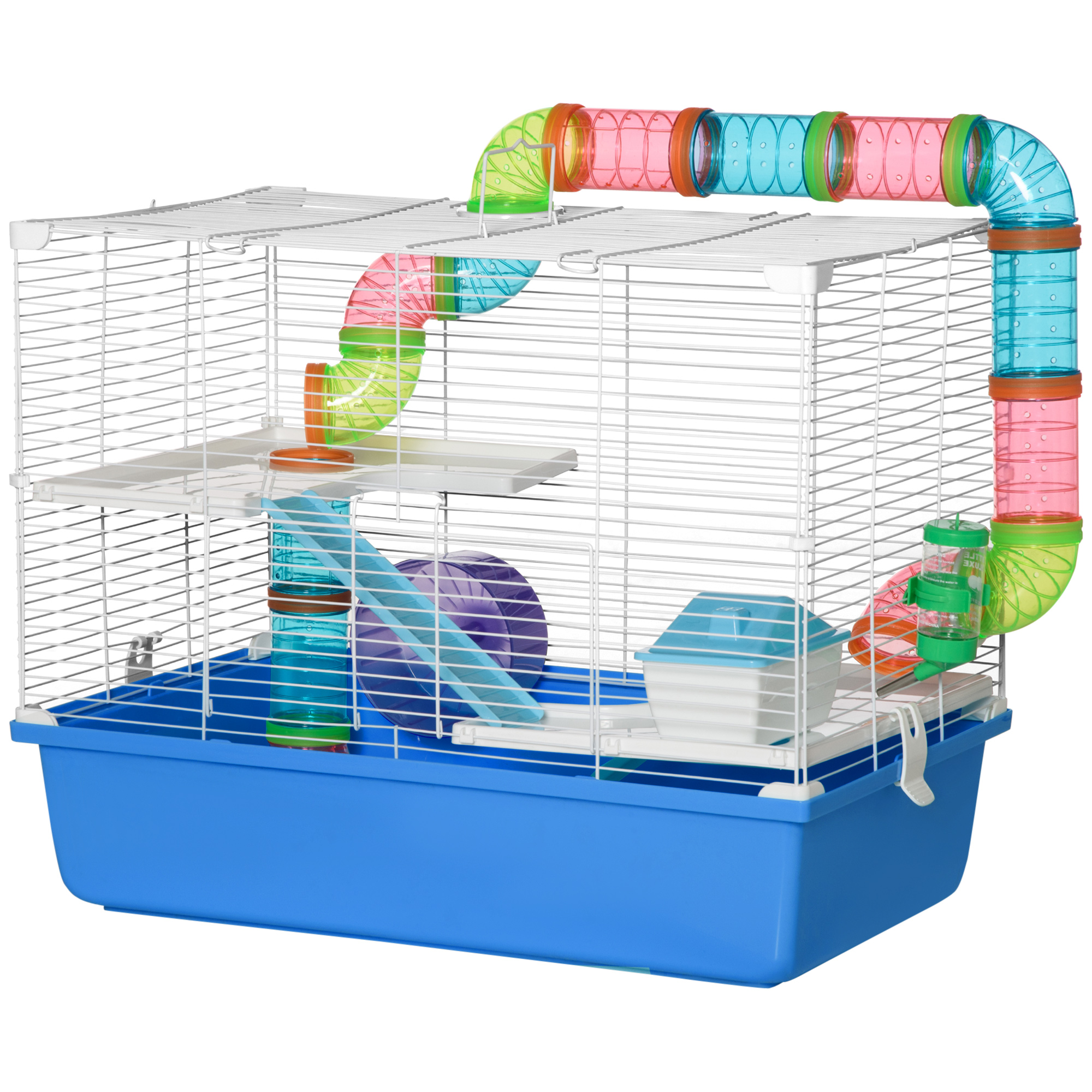 PawHut Hamsterkäfig mit Tunnel, Häuschen und Laufrad, 59x36x47cm, Blau und Weiß
