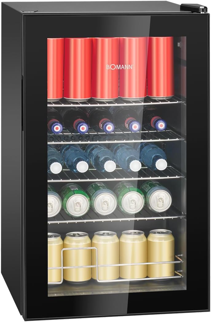 Bomann® Getränkekühlschrank | 63 Liter | stufenlos regelbar +3–10°C | Flaschenkühlschrank mit Glastür, 4 Ablagen & LED-Beleuchtung | leise, energieeffizient & kompakt | für Flaschen & Dosen | KSG 7287