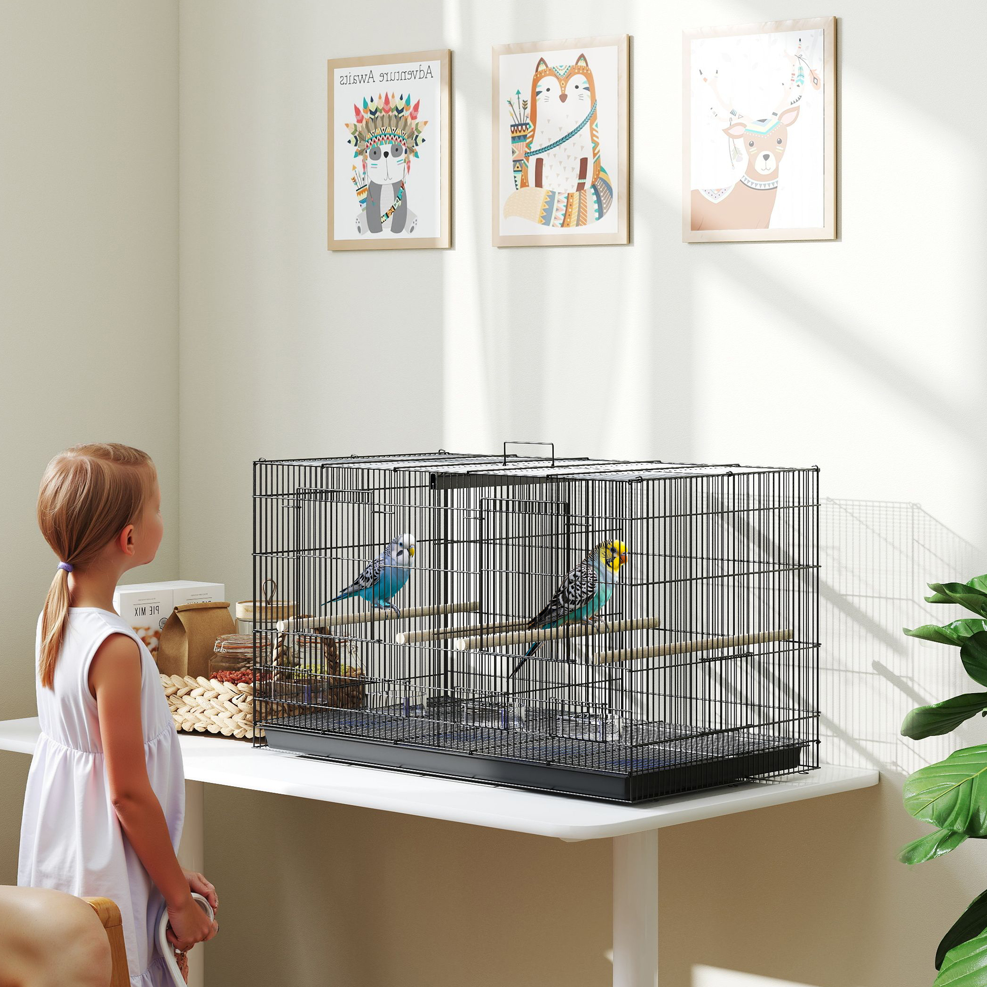 PawHut Vogelkäfig Vogelvoliere aus Stahl innen mit Separator 4 Sitzstangen herausziehbares Tablett 4 Futtertröge 76 x 46 x 46 cm Schwarz