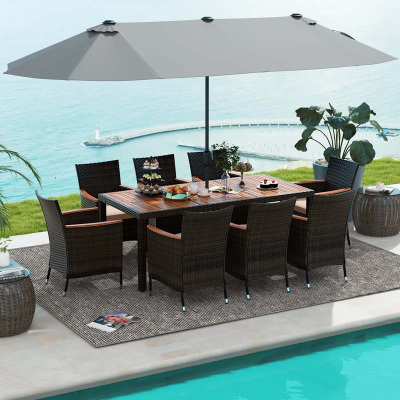 10Pcs Patio Rattan Dining Set with 15FT Double-Sided Umbrella, Heavy Duty Acacia Wood Table & Stackable Wicker Chairs