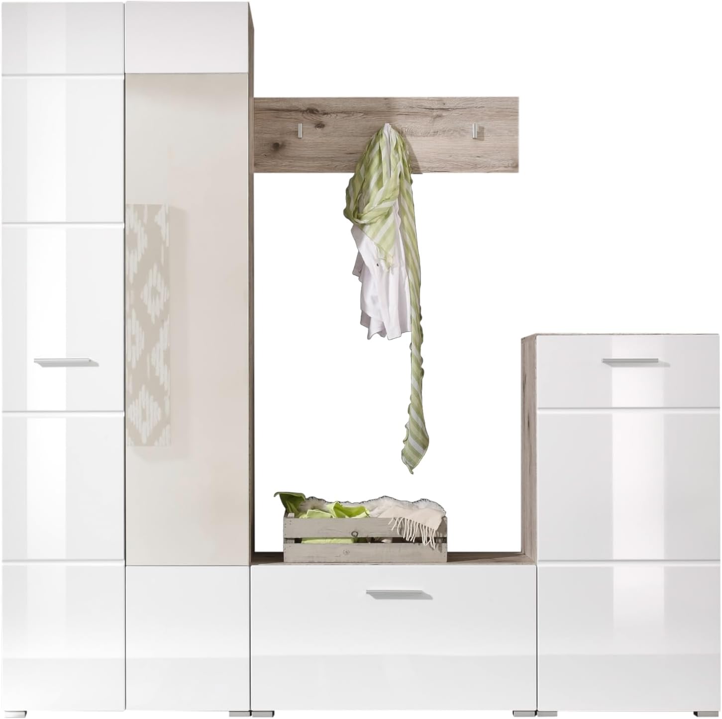 AVANTI TRENDSTORE Tiriolo Complete Wardrobe in Laminated Wood in Gloss White and Sand Oaks, Consisting of Wardrobe, Bench, Dresser and Shelf. Dimensions WxHxD 195x195x36 cm