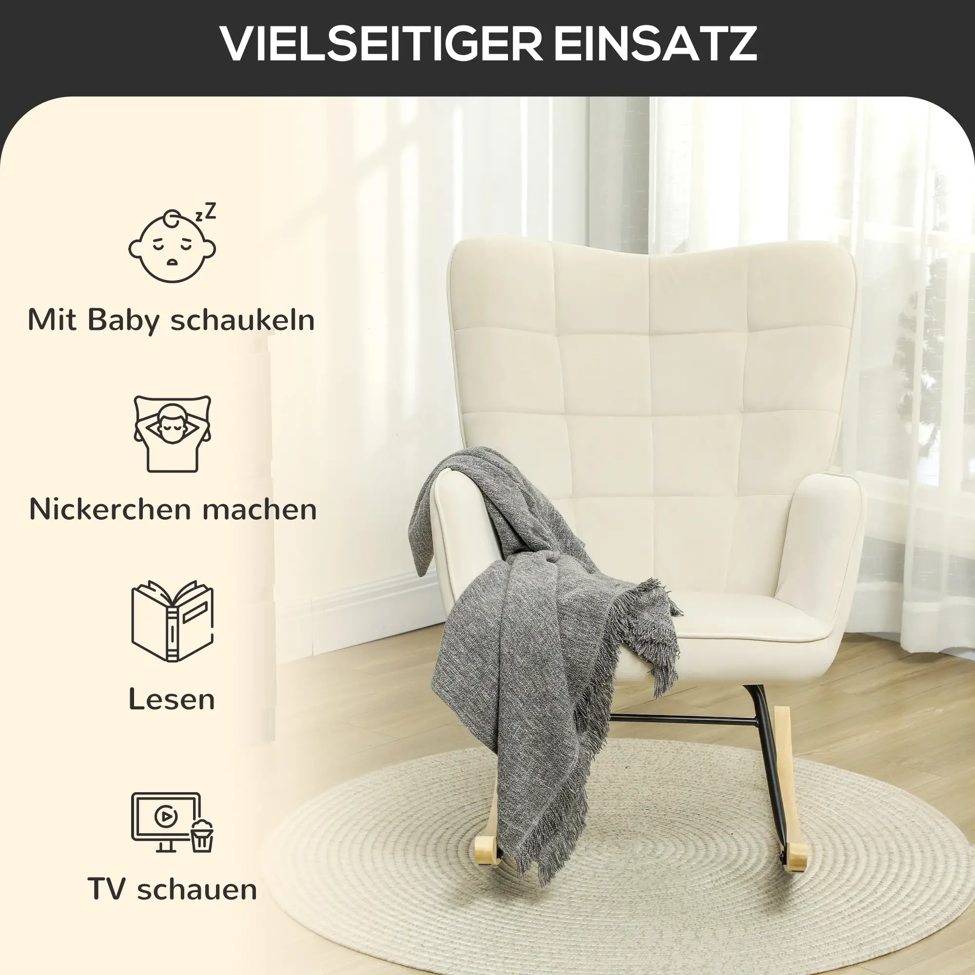 HOMCOM Schaukelstuhl Samtoptik Holzkufen Elegantes Design Beige