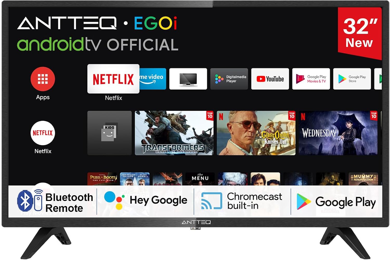 Antteq AG32H3 32 Pollici TV Smart (80cm) Android TV LED con Voice Assistance Chromecast Bluetooth APP Store DAZN/Netflix/Prime Video/YouTube Wifi Triple Tuner (DVB-C/S2/-T2)