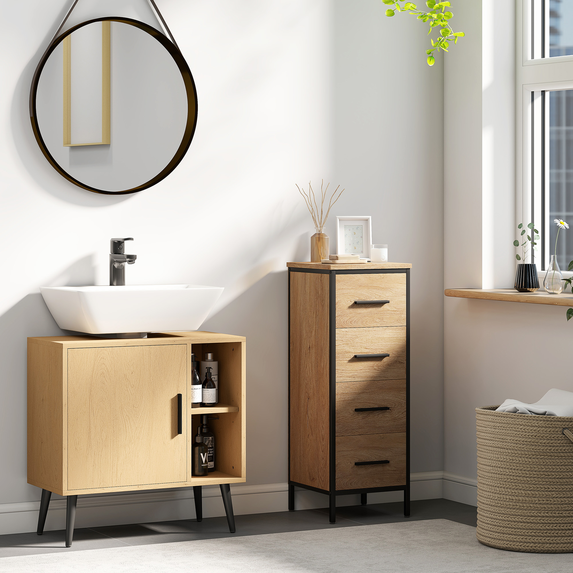 HOMCOM Badezimmer Unterschrank mit Soft-Close-Tür und verstellbarem Regal, 60 x 30 x 59,5 cm, Eiche