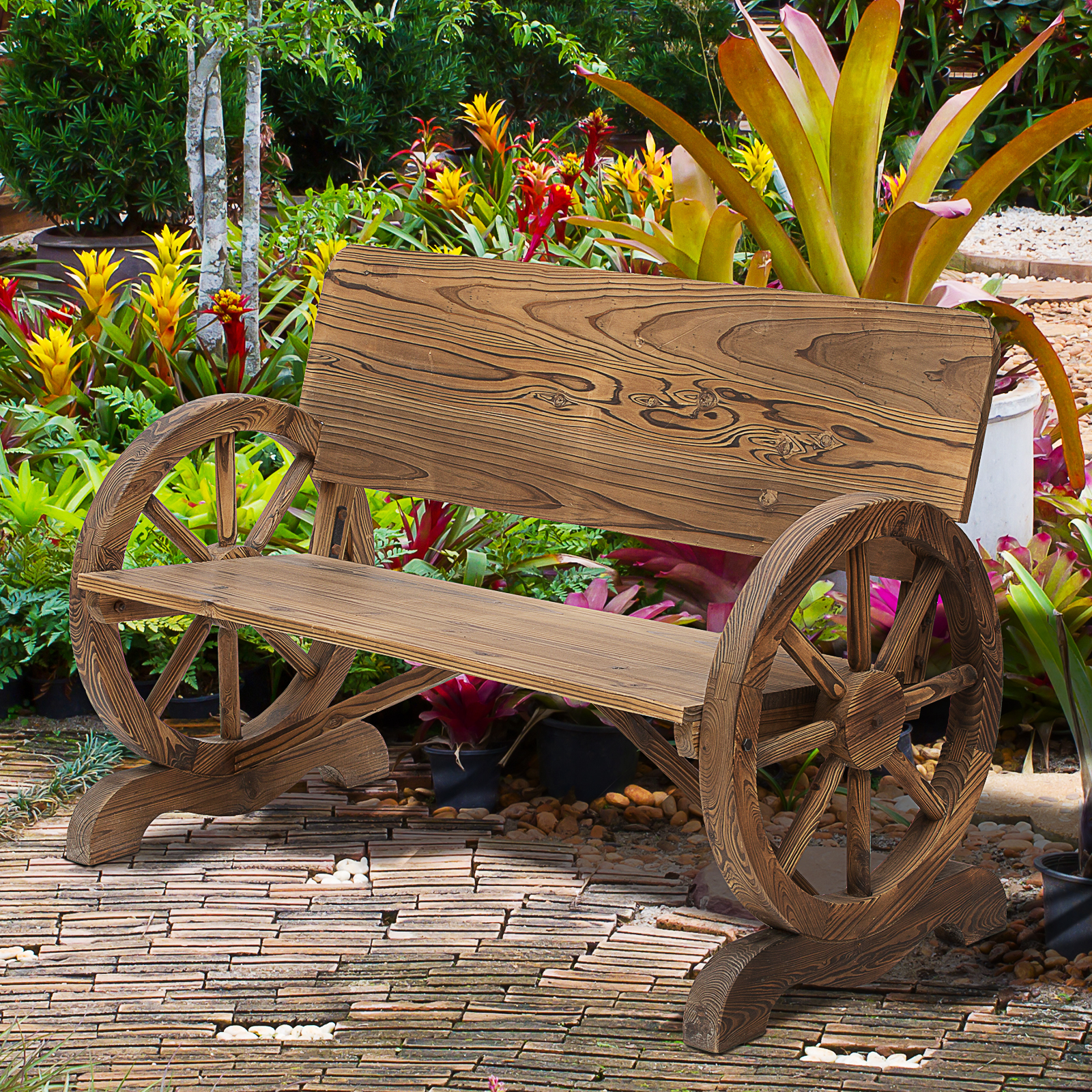Outsunny 2-Sitzer Gartenbank Massivholz mit Armlehne, Sitzbank mit Wagenräder-Design, Gartenmöbel 250kg belastbar, Rustikale Bank, 114 x 58 x 80 cm, Braun