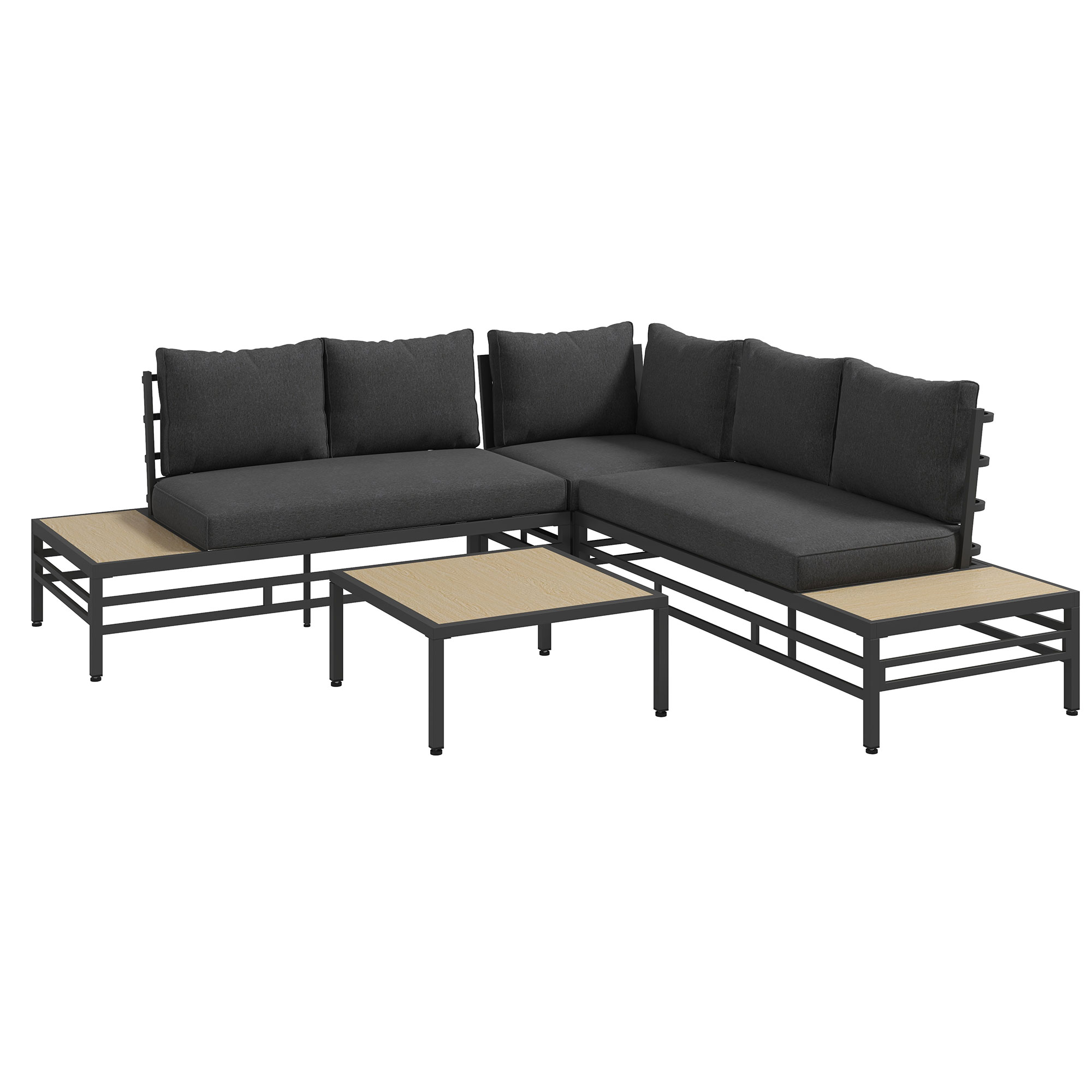 Outsunny Gartensitzgruppe Gartenmöbel-Set Lounge-Set, 1 Couchtisch, 2 Beistelltische, 2 Sofas, Dunkelgrau + Hellbraun+ Schwarz