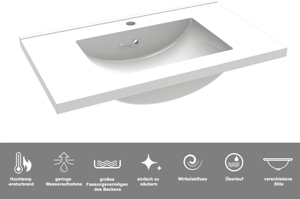 Badezimmermöbel 80cm Keramik Waschtisch mit Unterschrank Badmöbel Set Badezimmerschränke mit 2 Soft-Close Schubladen Hochglanz Weiß