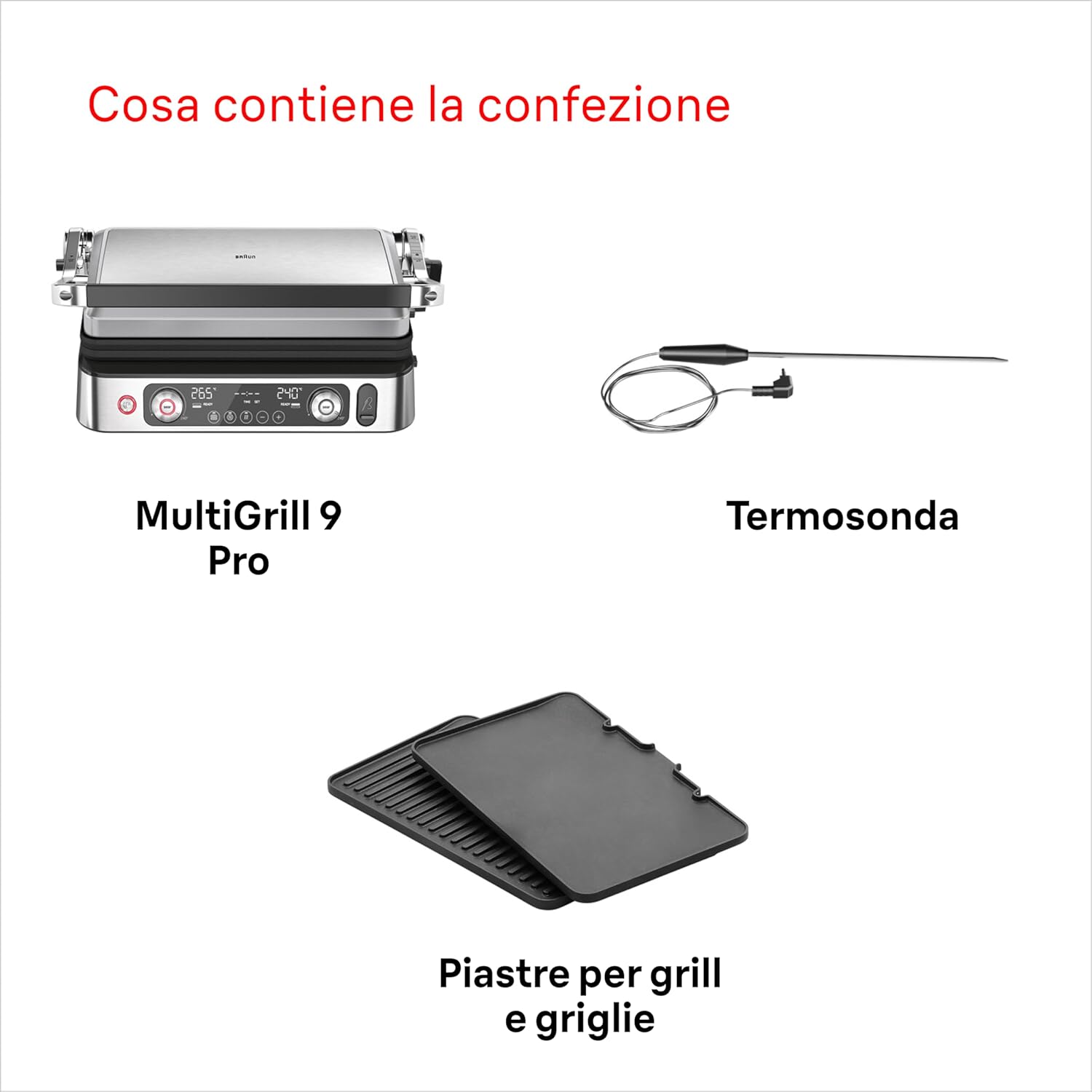 Braun MultiGrill 9 Pro CG 9160, Elektrogrill mit 2 unabhängigen Thermostaten, 3 Kochpositionen, spülmaschinenfeste Platten, integrierte Thermosonde, 2200 W, Schwarz/Edelstahl