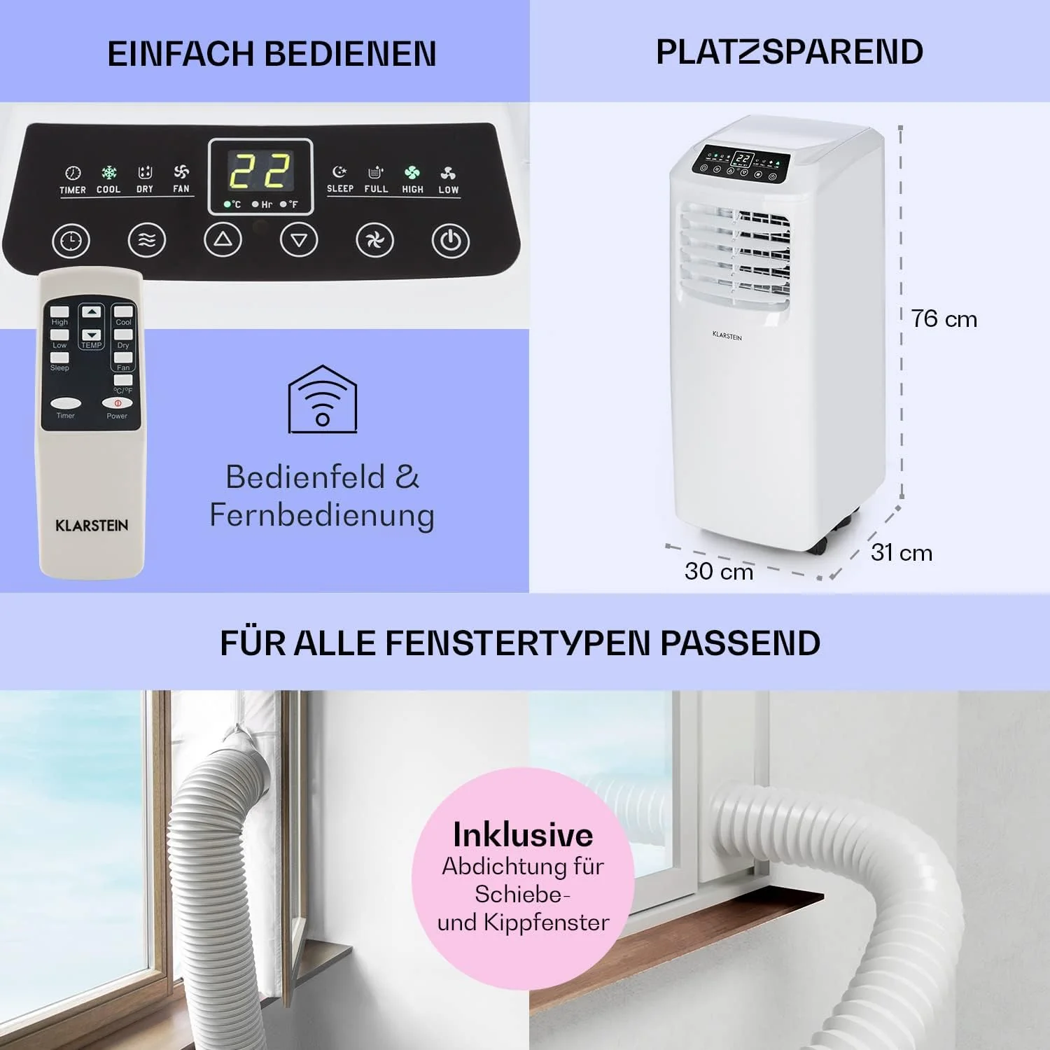 Klarstein Mobiele Airco met Afvoerslang, 3-in-1 Airconditioner met Ventilator & Luchtontvochtiger, Kleine & Draagbare Airco voor Thuis & op Kantoor, met Nachtmodus & App-bediening, 7000 BTU