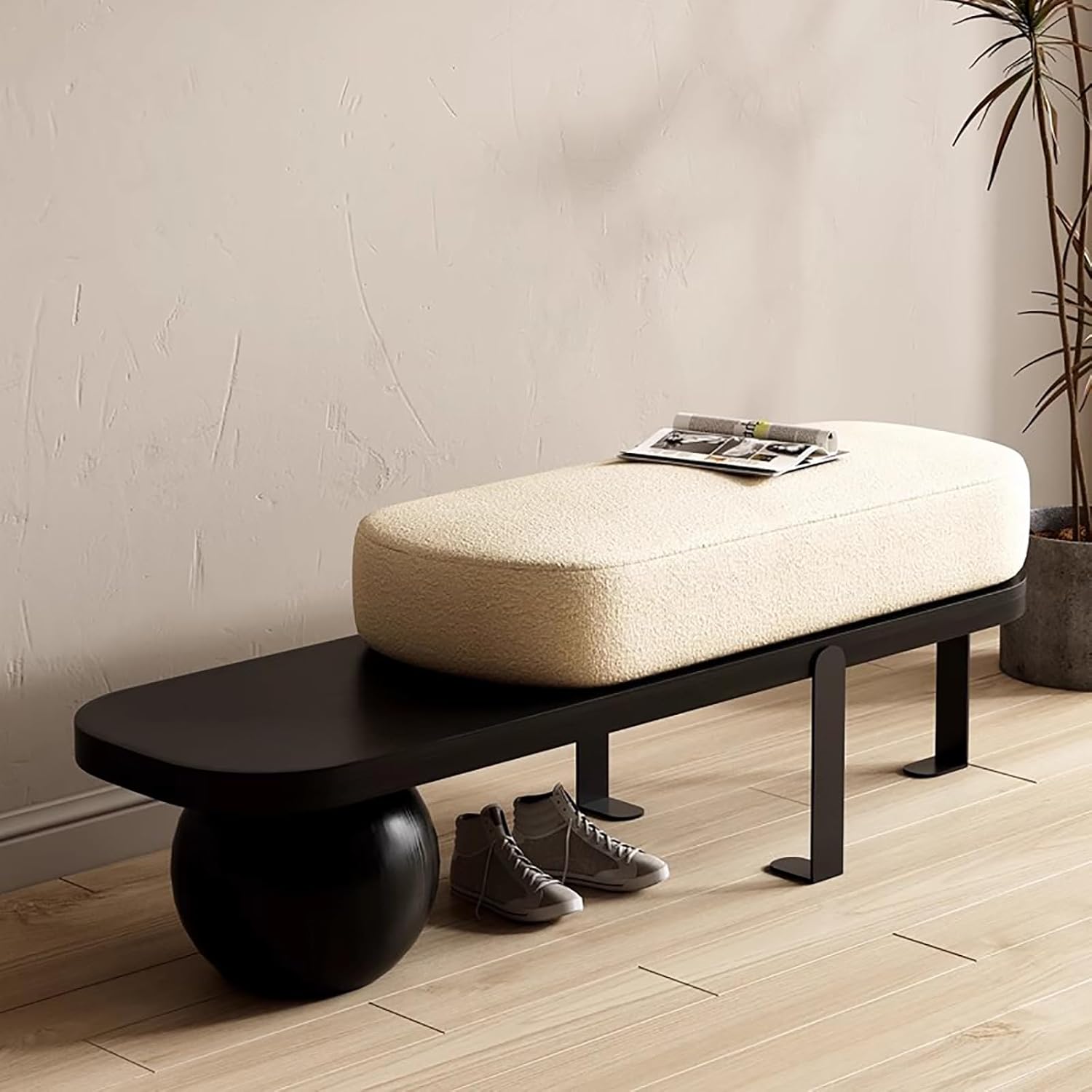 Eingangsbank aus Holz mit gepolstertem Design und abstrakten Metallbeinen, vielseitige Schuhwickelbank für Wohnzimmer und Schlafzimmer