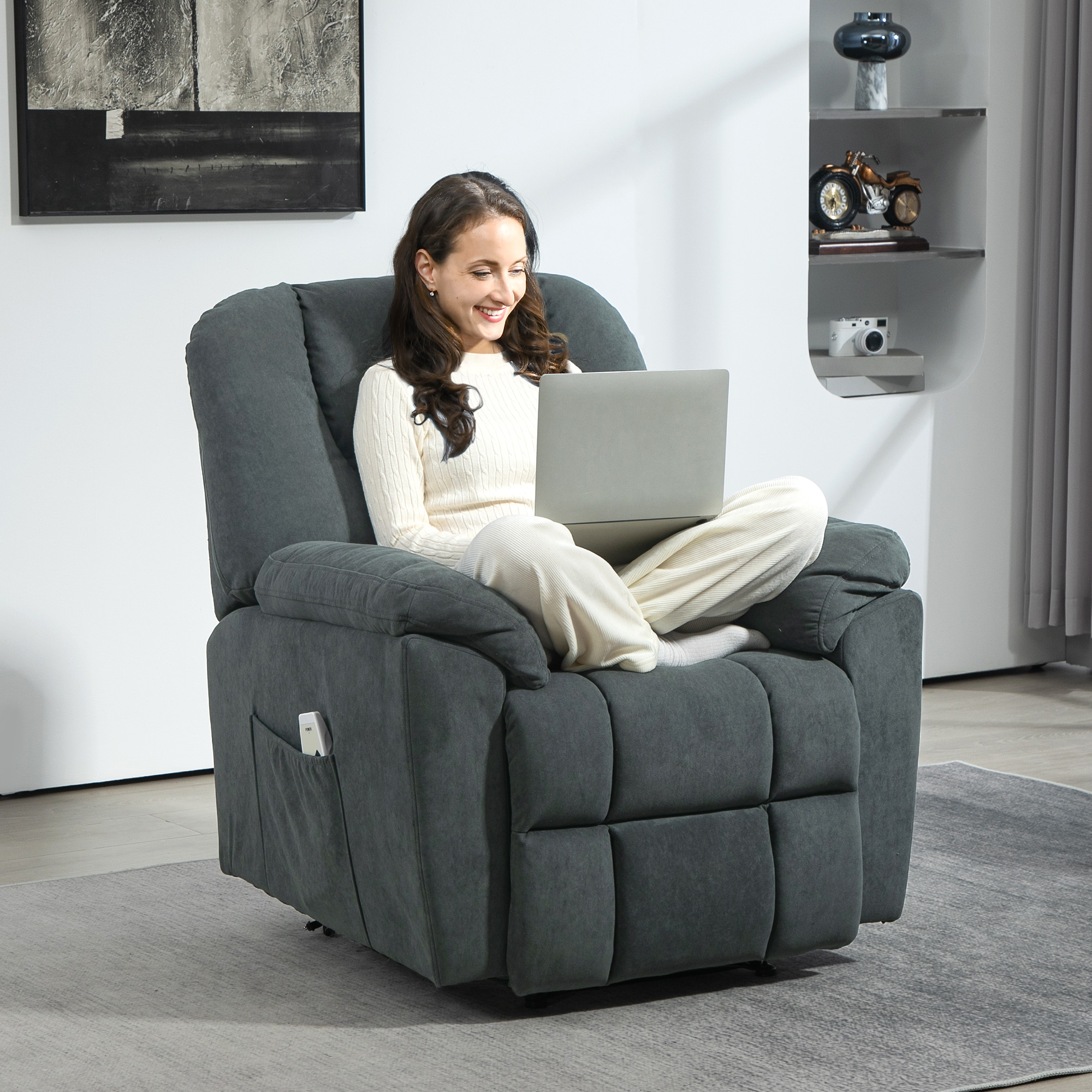 HOMCOM Elektrischer Relaxsessel mit Massage- und Wärme-Funktionen, Polstersessel mit USB-Anschluss, Seitentaschen, Grau