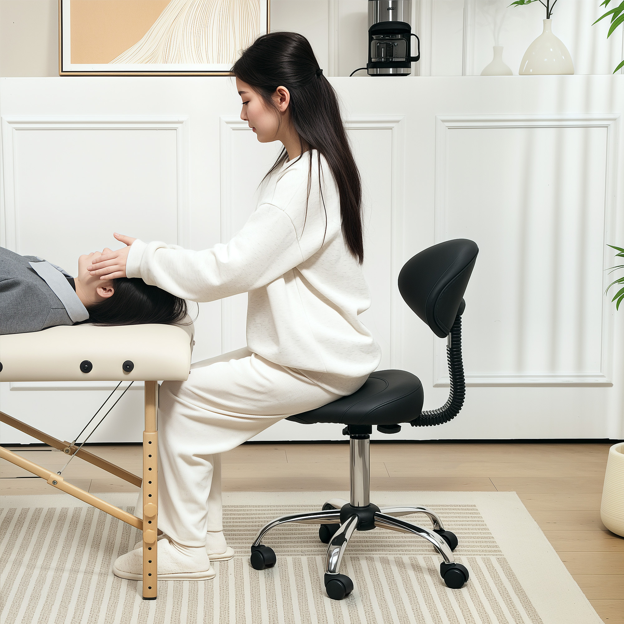 HOMCOM Rollhocker mit höhenverstellbarer Sitzfläche 51-67 cm und Rückenlehne, für Massagestudio, Tattoo, Klinik, Spa, Schwarz