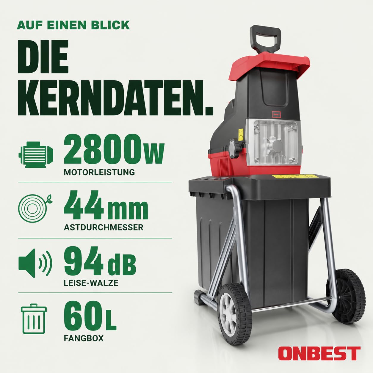 Elektro-Gartenhäcksler 2800 W für Äste bis 44 mm mit 60-Liter-Auffangbox Rücklauffunktion Überlastungsschutz und Selbsteinzug