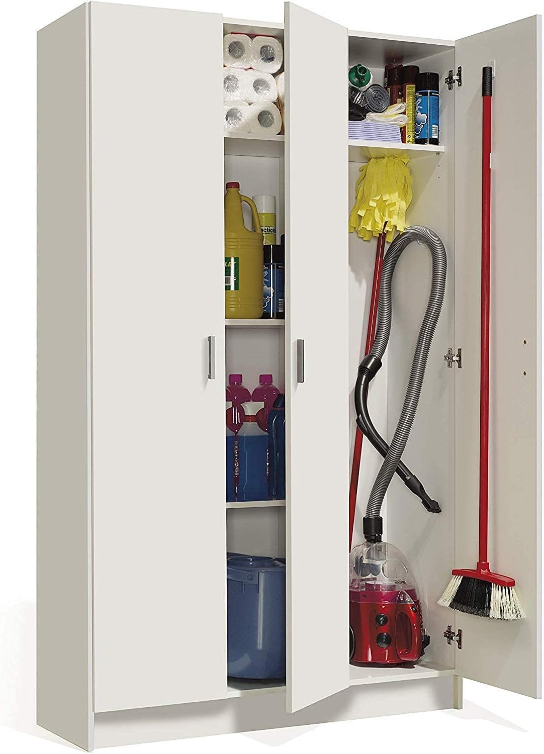 Wardrobe with 3 Doors and 5 Shelves Multipurpose Cabinet Space Saving Broom Holder Column Entrance Bedroom Storage Garage Modern Design 109 x 180 x 37 cm White