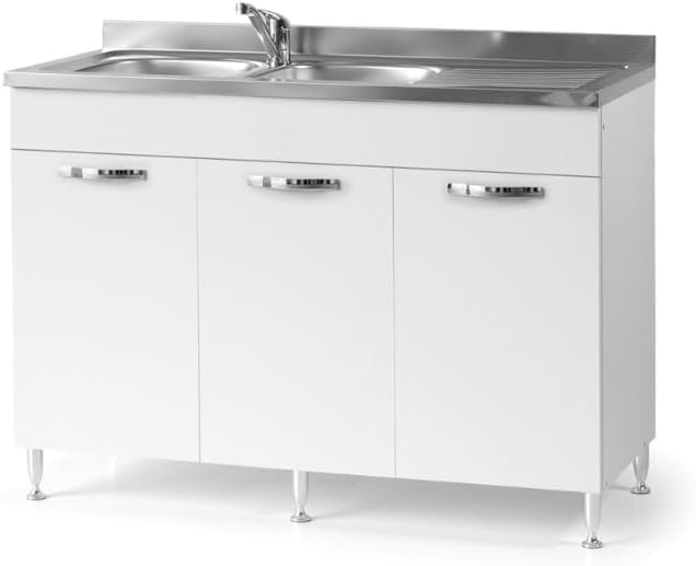 Sottolavello 120 con Lavello e Miscelatore Cucina con 3 Ante in Legno Made in Italy H85xL120xP50 cm Facile da Montare (Vasca a Sinistra, Bianco Frassinato)