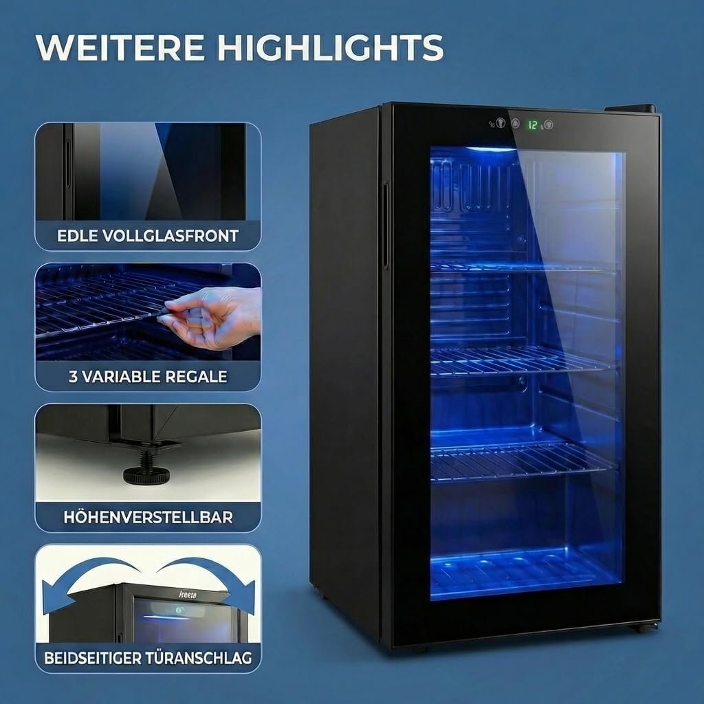 FREEZE. 70L Getränkekühlschrank, Mini-Kühlschrank für 126 Dosen, Glastürkühlschrank, Weinkühler, kleiner Kühlschrank mit Glastür und verstellbaren Regalen für Zuhause/Bar/Büro, frostfrei, Schwarz