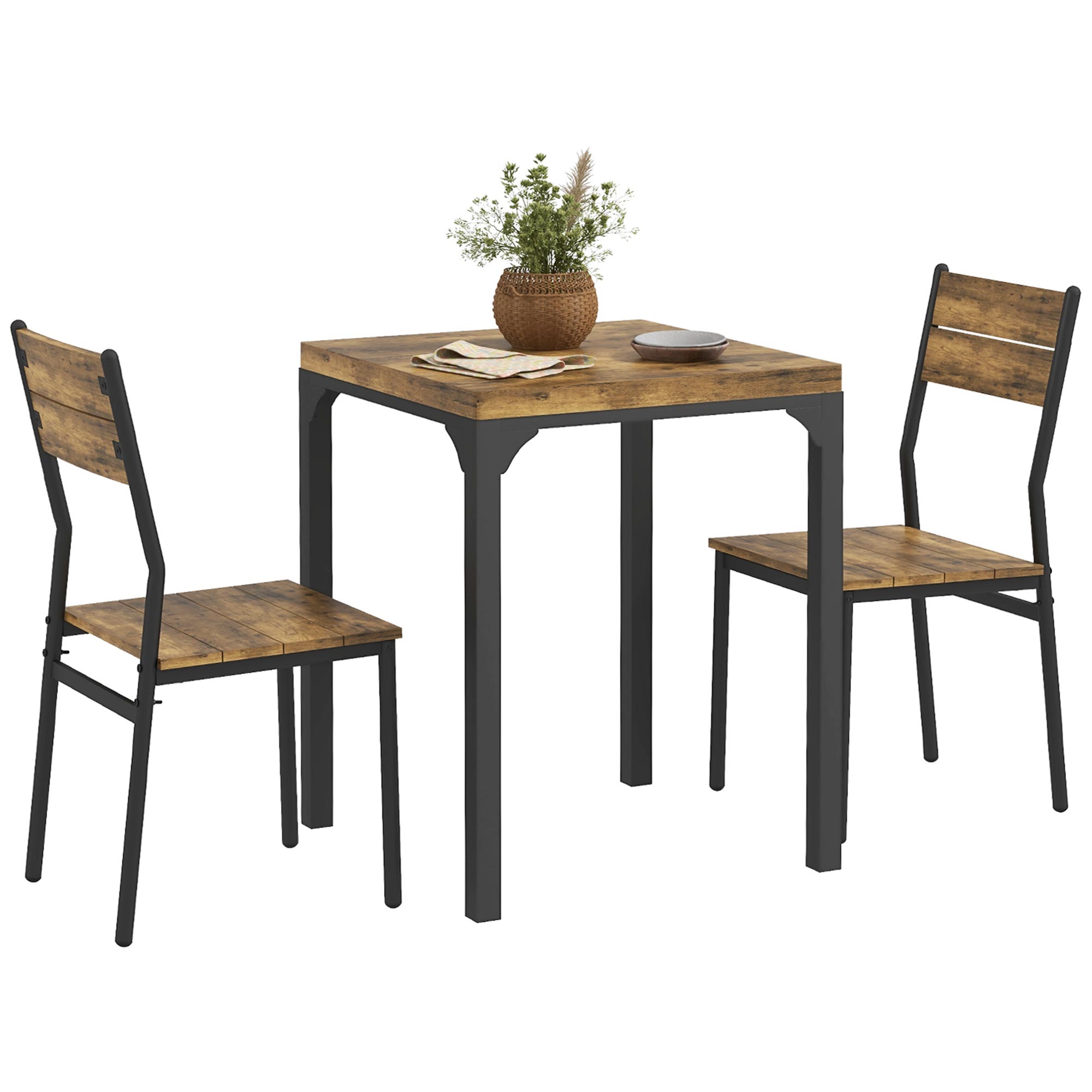 3-delige Eethoek, Esstafel-Set, 1 Tafel, 2 Stoelen, MDF+Metaal, Bruin