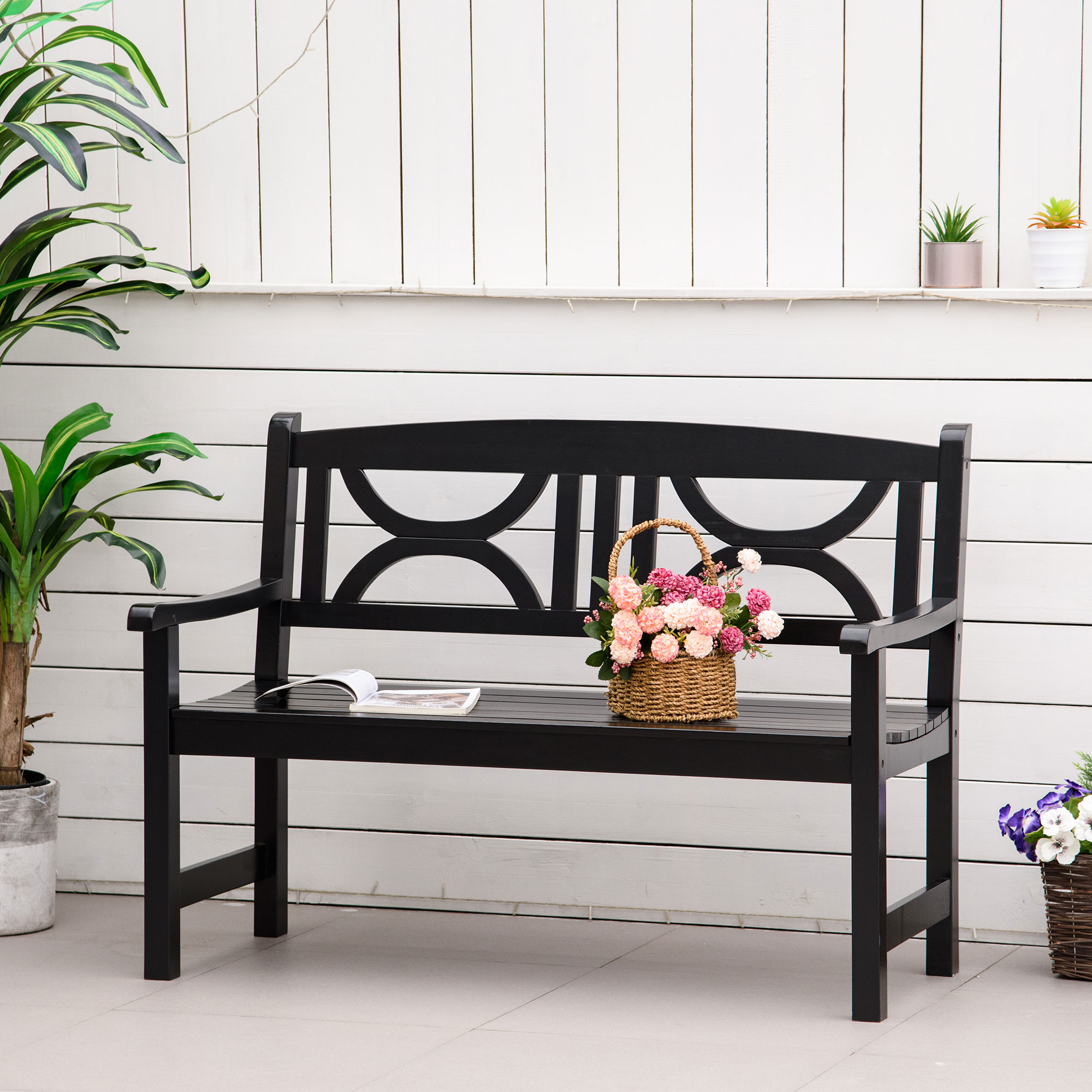 Outsunny Gartenbank 2 Sitzer Sitzbank Garten Terrasse Patio hohe Rückenlehne Latten Sitzfläche bequeme Armlehnen Pappelholz 123 x 61 x 89,5 cm schwarz