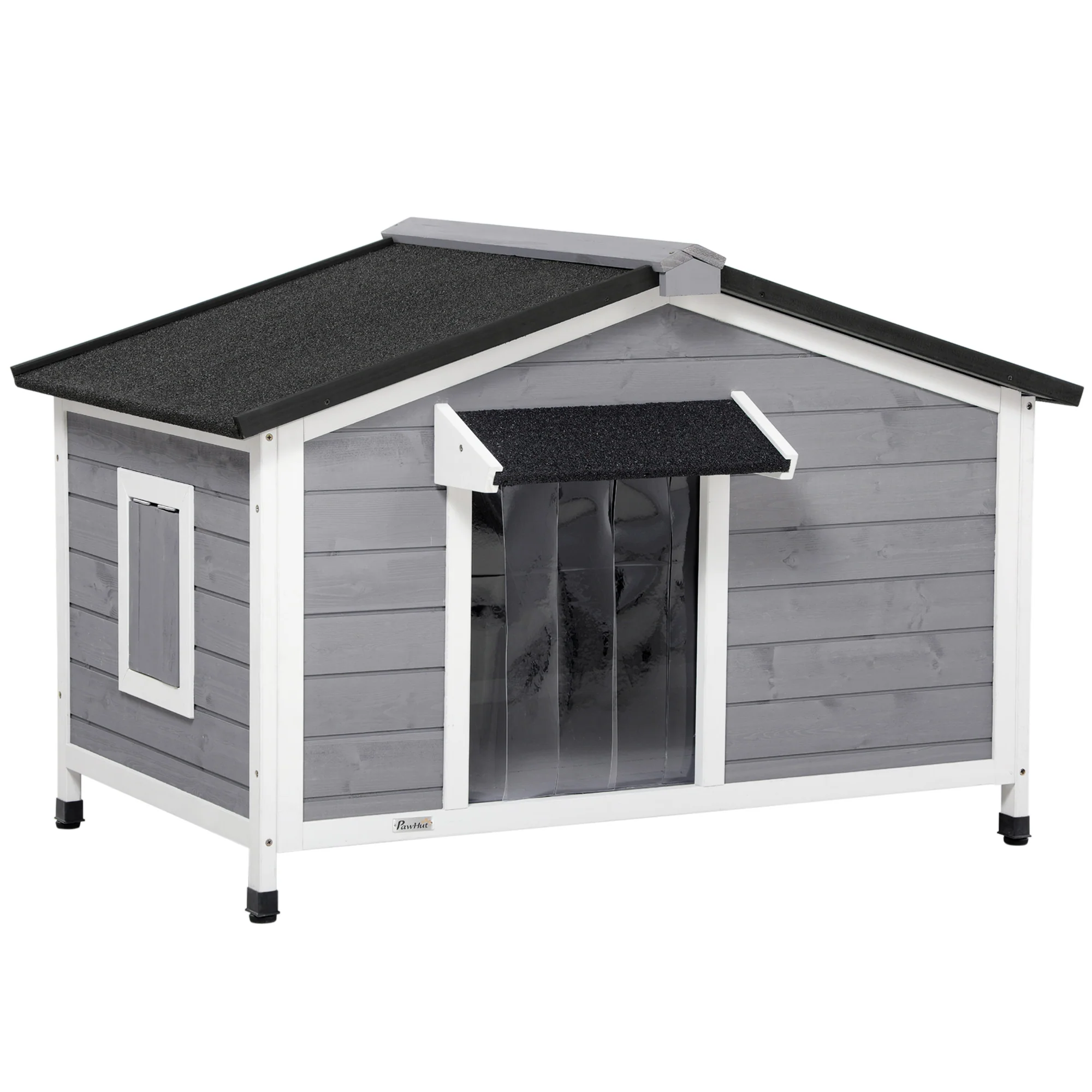 Easycomfort Casetta per Cani in Legno con Design Rialzato, Tenda Protettiva e 2 Finestre, 109x79x72 cm