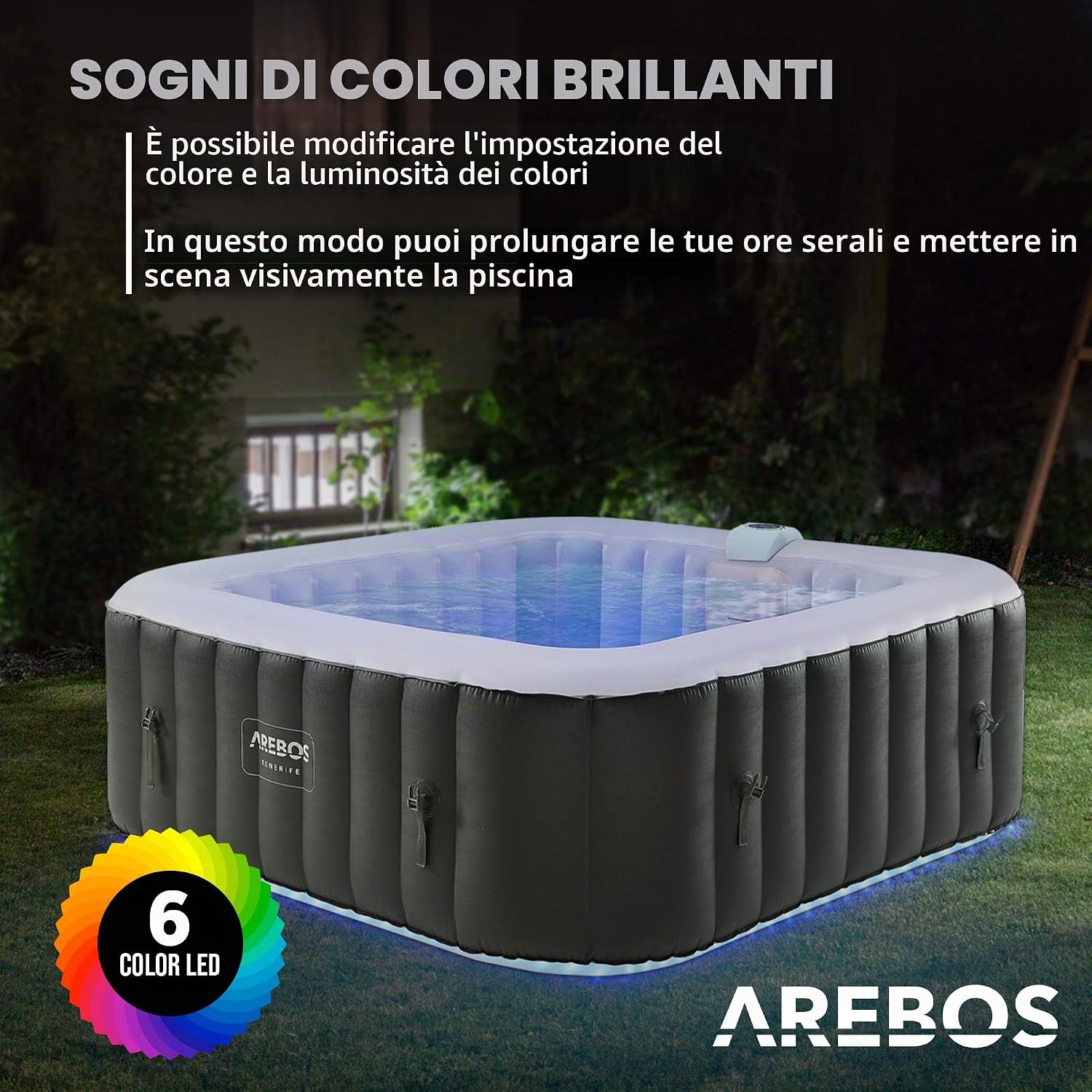 Arebos Vasca idromassaggio gonfiabile | 185x185cm | Gonfiabile automatico | 6 persone | striscia luminosa LED | 130 getti massaggianti | 910 litri | incl. copertura | Bubble Spa & Wellness Massaggio