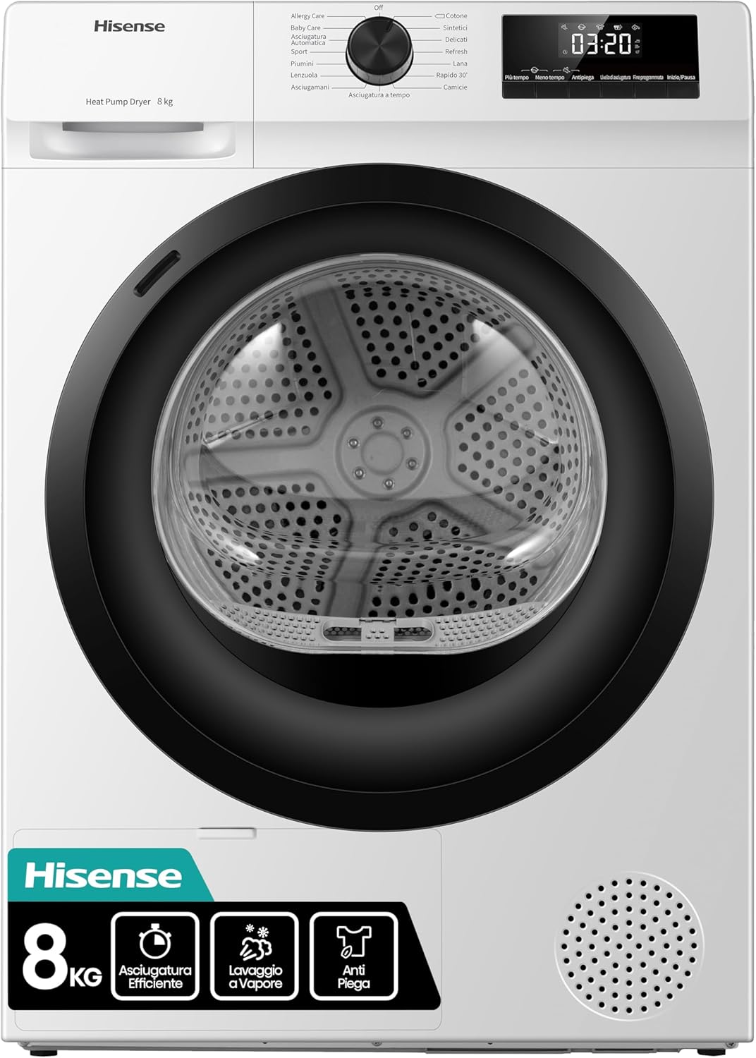 Hisense DHQA902U Asciugatrice A Pompa Di Calore Con Ion Tech, 9 Kg, A++, Oblò Nero, Big Display, Con Power Air Flow