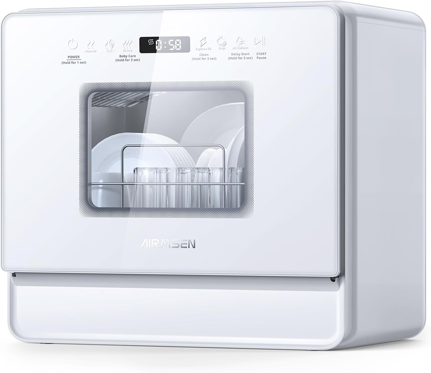 AIRMSEN Mini Zmywarka Stołowa – 7+2 programy, 5L zbiornik, zmiękczacz wody. Działa z/bez podłączenia. Idealna do mieszkań i kamperów. Biała