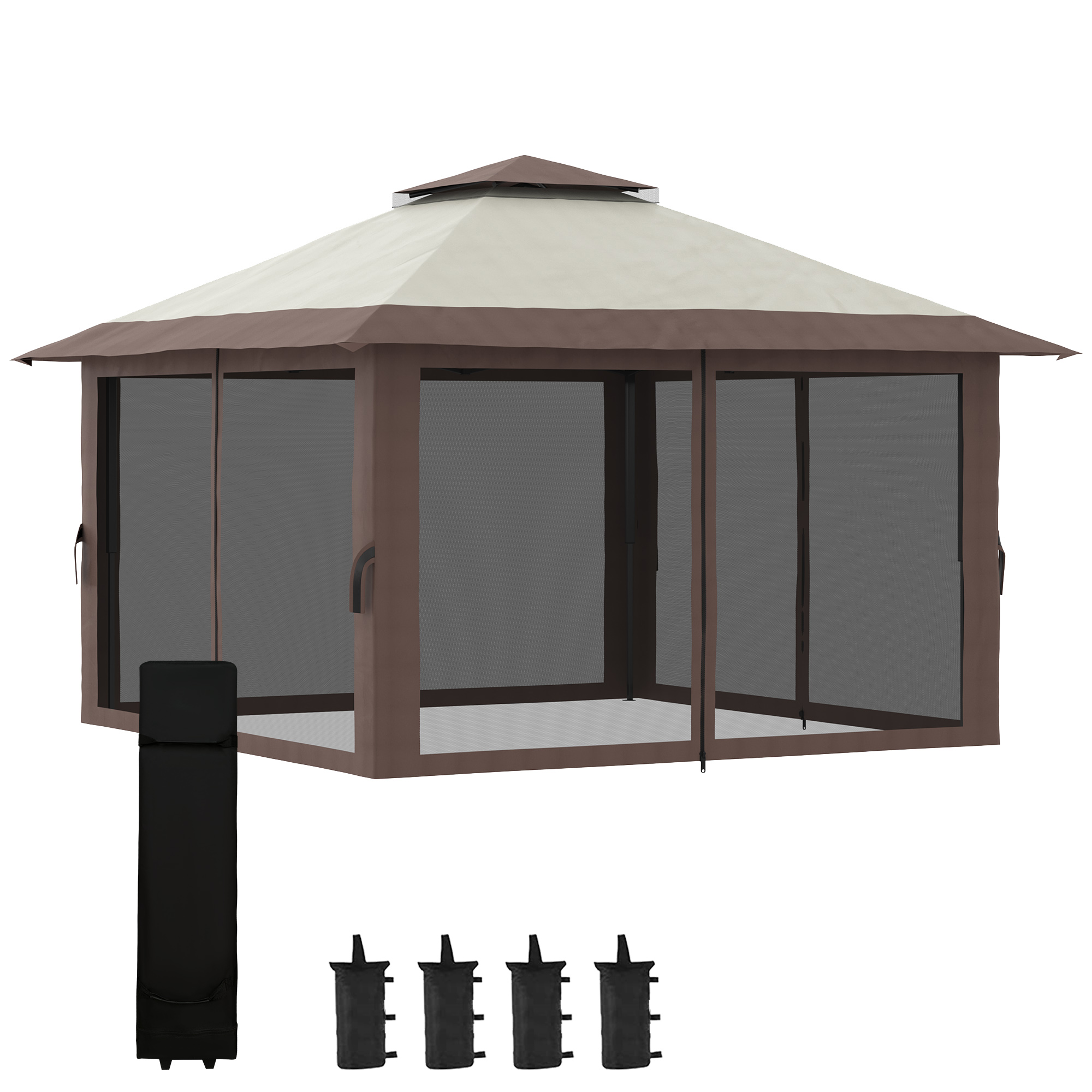 Outsunny Faltpavillon, höhenverstellbar, 4 Netzwände, Lüftungsdach, Tragetasche, Schnellaufbau, 4 x 4 x 3 m, Beige