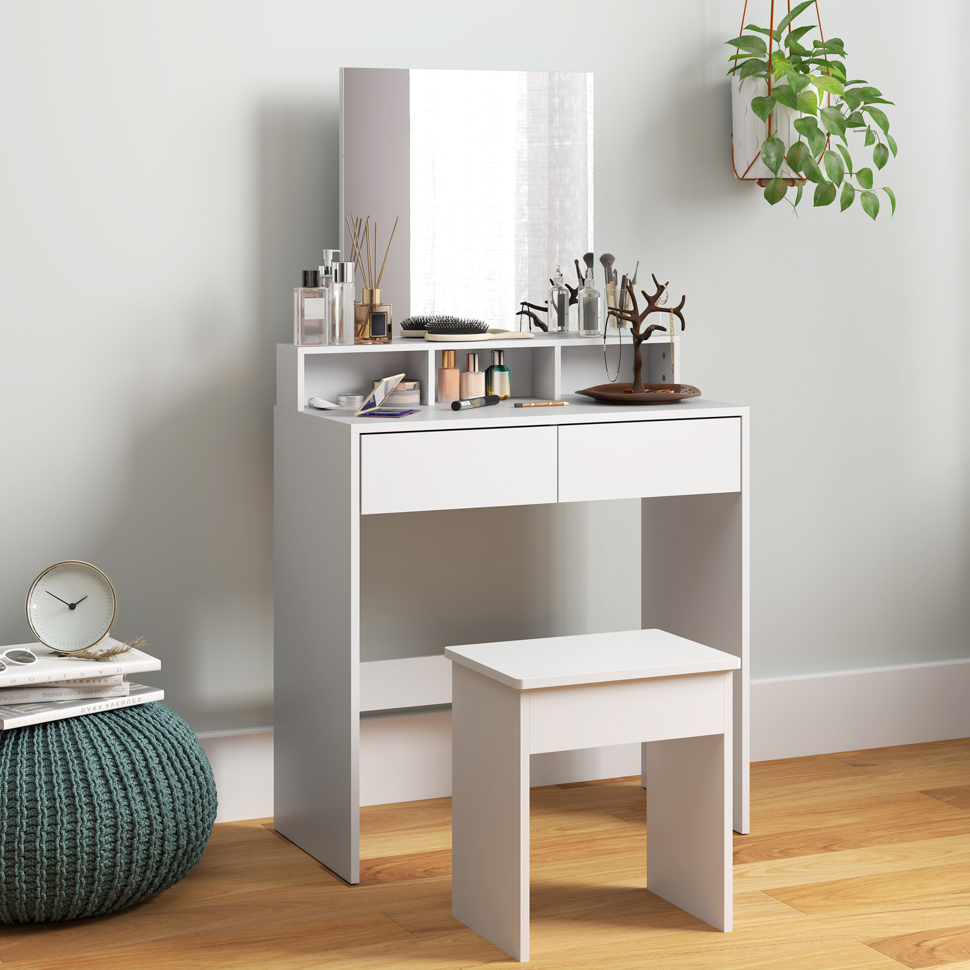 HOMCOM Schminktisch mit Spiegel, 3 Regale, 2 Schubladen und Hocker, aus Holz, 75x38x135 cm, Weiß