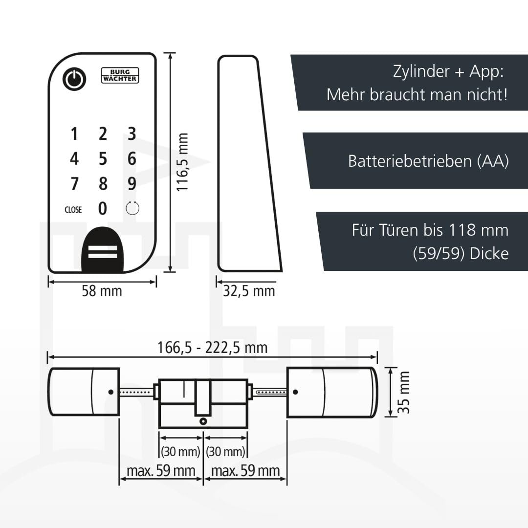 Elektronisches Türschloss secuENTRY easy 7602 FP mit Zylinder und Fingerprint-Keypad, Öffnung per App, Pincode oder Funkschlüssel, für Türstärken bis