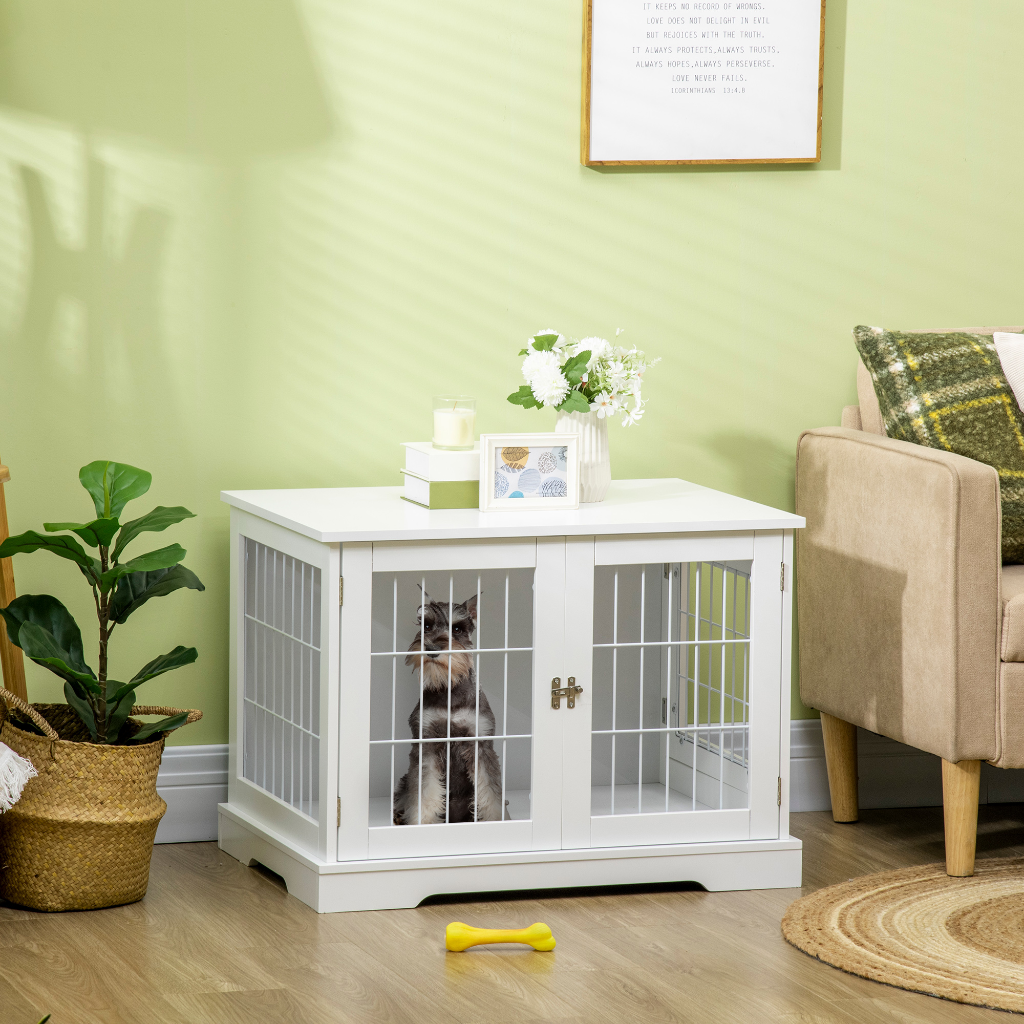 PawHut Hundekäfig Haustiere 2 in 1 Beistelltisch mit 2 verriegelbaren Türen - Maße 76L x 54,5B x 56H cm - Metall und MDF