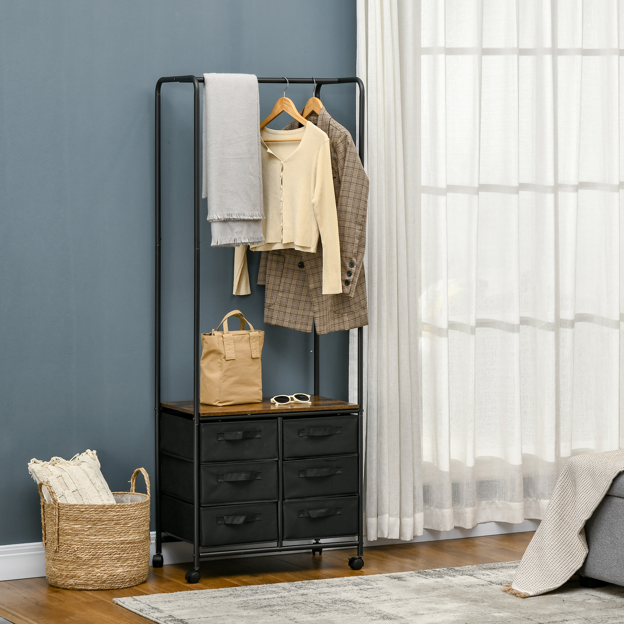 HOMCOM Kleiderständer im industriellen Stil mit 6 Stoffschubladen und 4 Rollen 63,5 x 40 x 172,5 cm Schwarz Braun