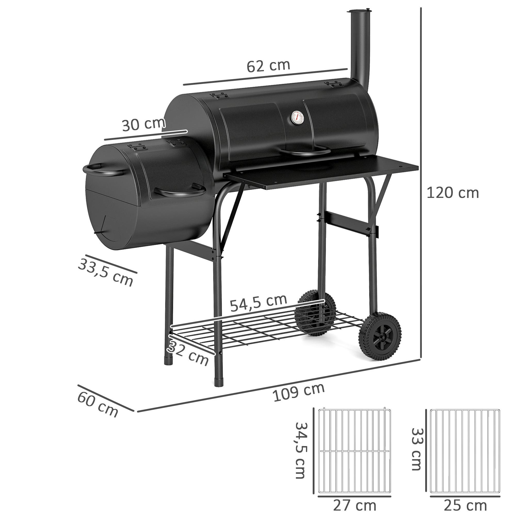 Stalen Houtskoolgrill BBQ Smoker met Deksel, Thermometer, Wielen, Luchttoevoer, Kolenbak