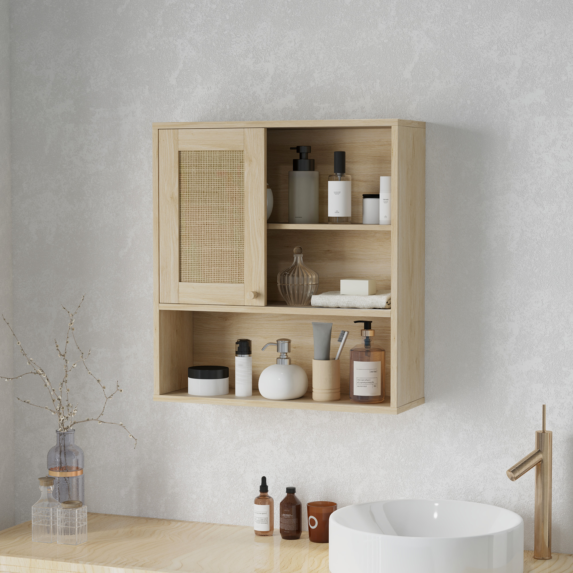 HOMCOM Wandhängeschrank, Badezimmerschrank mit Rattantür und offenen Regalen, Naturholz